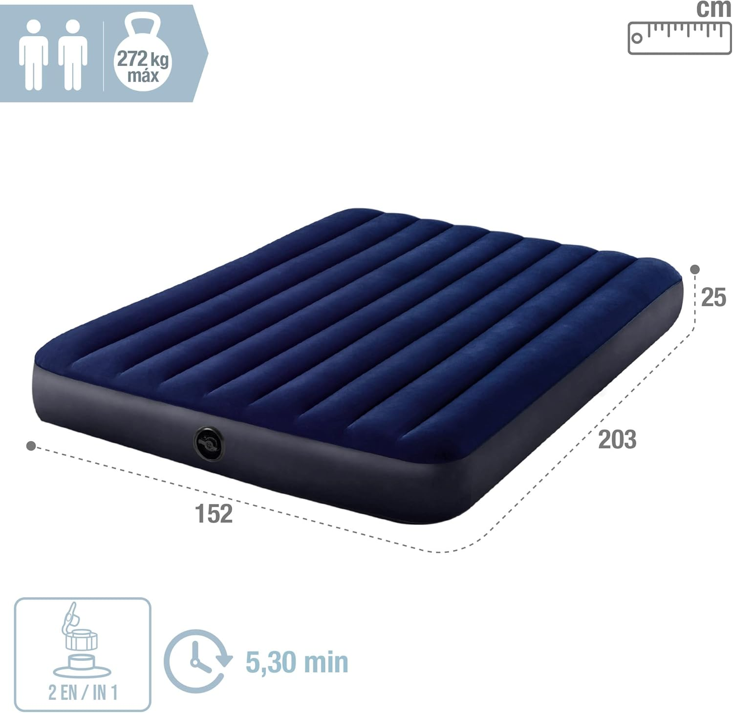 Aufblasbare Matratze: 203x152x25 cm, 272 kg max, 5:30 min Aufblaszeit.