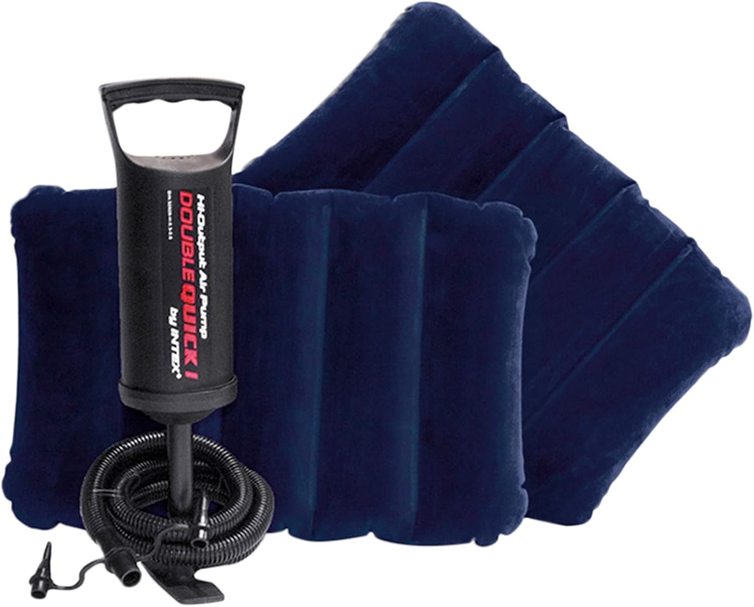 Ein blaues Luftbett mit Handpumpe. Die Pumpe ist schwarz mit roten Akzenten.