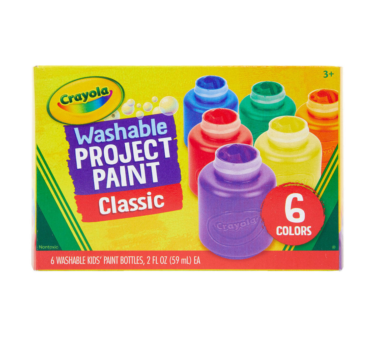 Crayola Washable Project Paint Classic-Karton mit 6 Farben: Blau, Rot, Grün, Gelb, Lila, Orange.