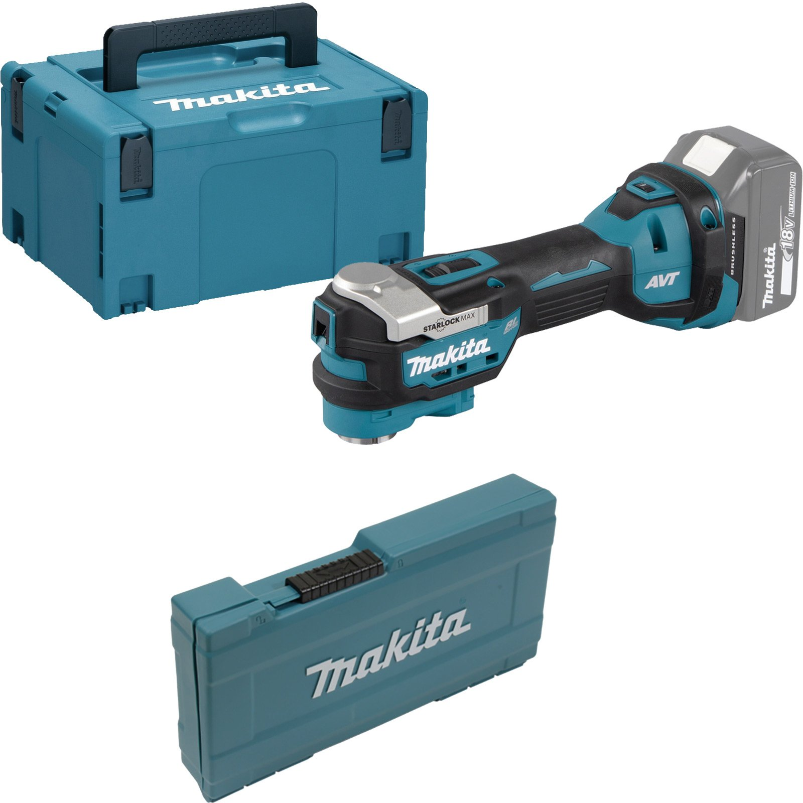 Makita Werkzeuge: Akku-Multitool, Koffer und Zubehörbox in Türkis.