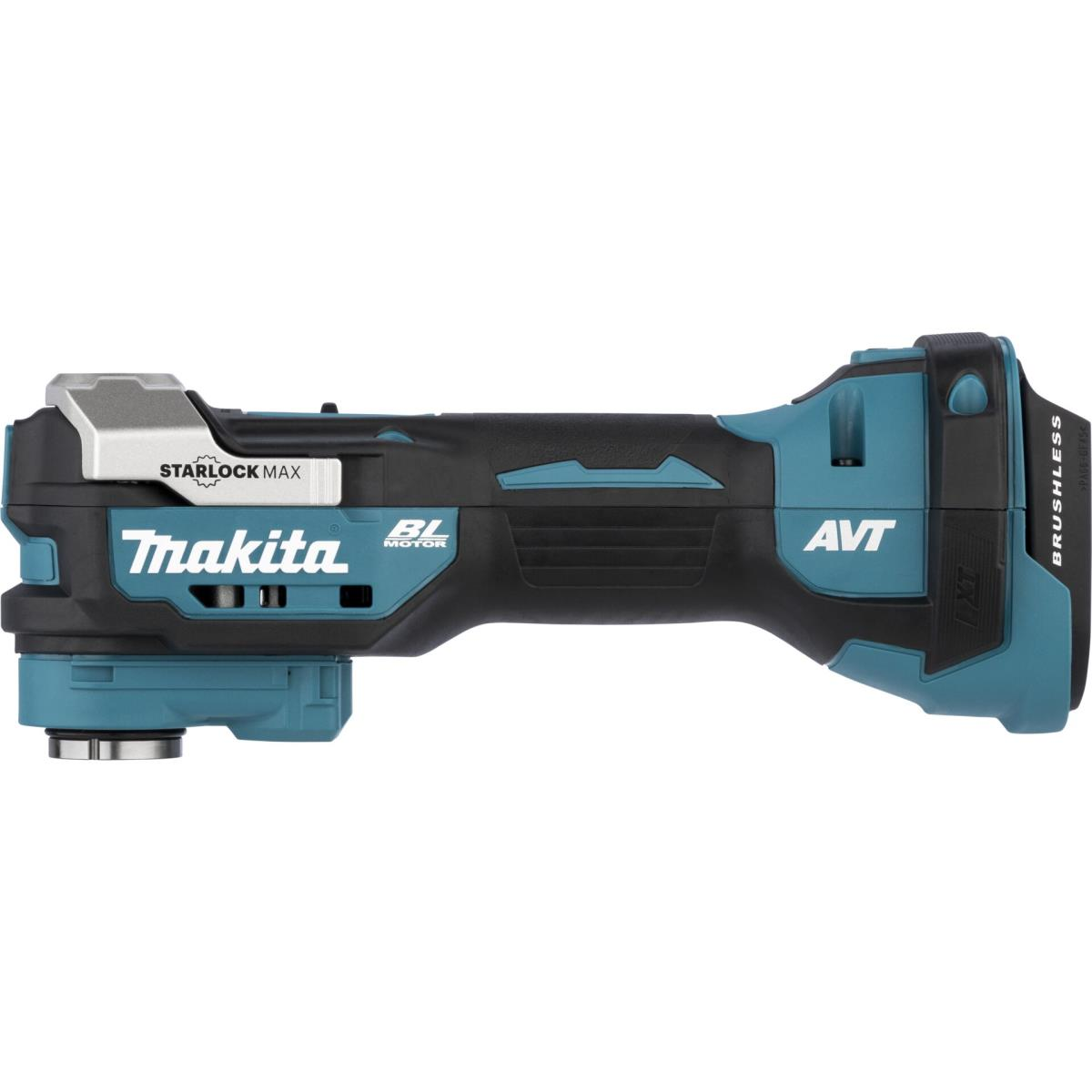 Ein türkisfarbener und schwarzer Oszillationswerkzeug von Makita mit Starlock Max.