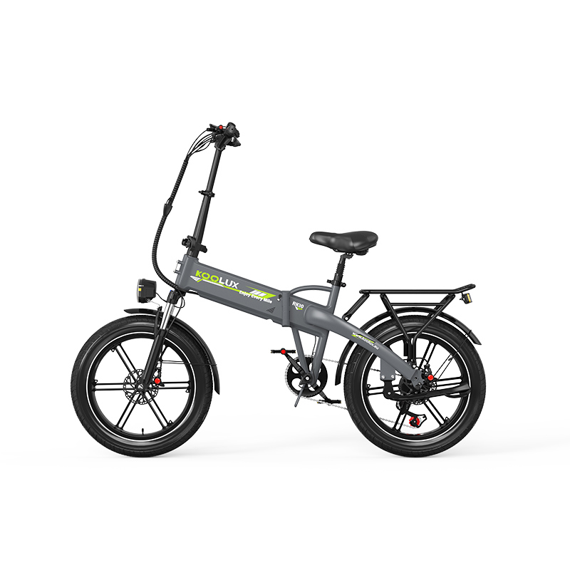 Bicicleta eléctrica plegable gris con sillín negro y portabultos.