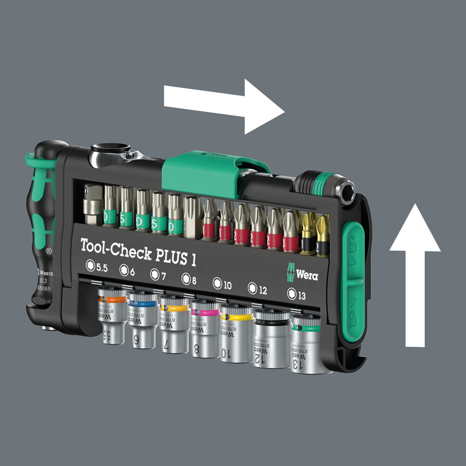 Werkzeugkasten mit Bits und Stecknüssen, Wera Tool-Check PLUS 1, auf grauem Hintergrund.