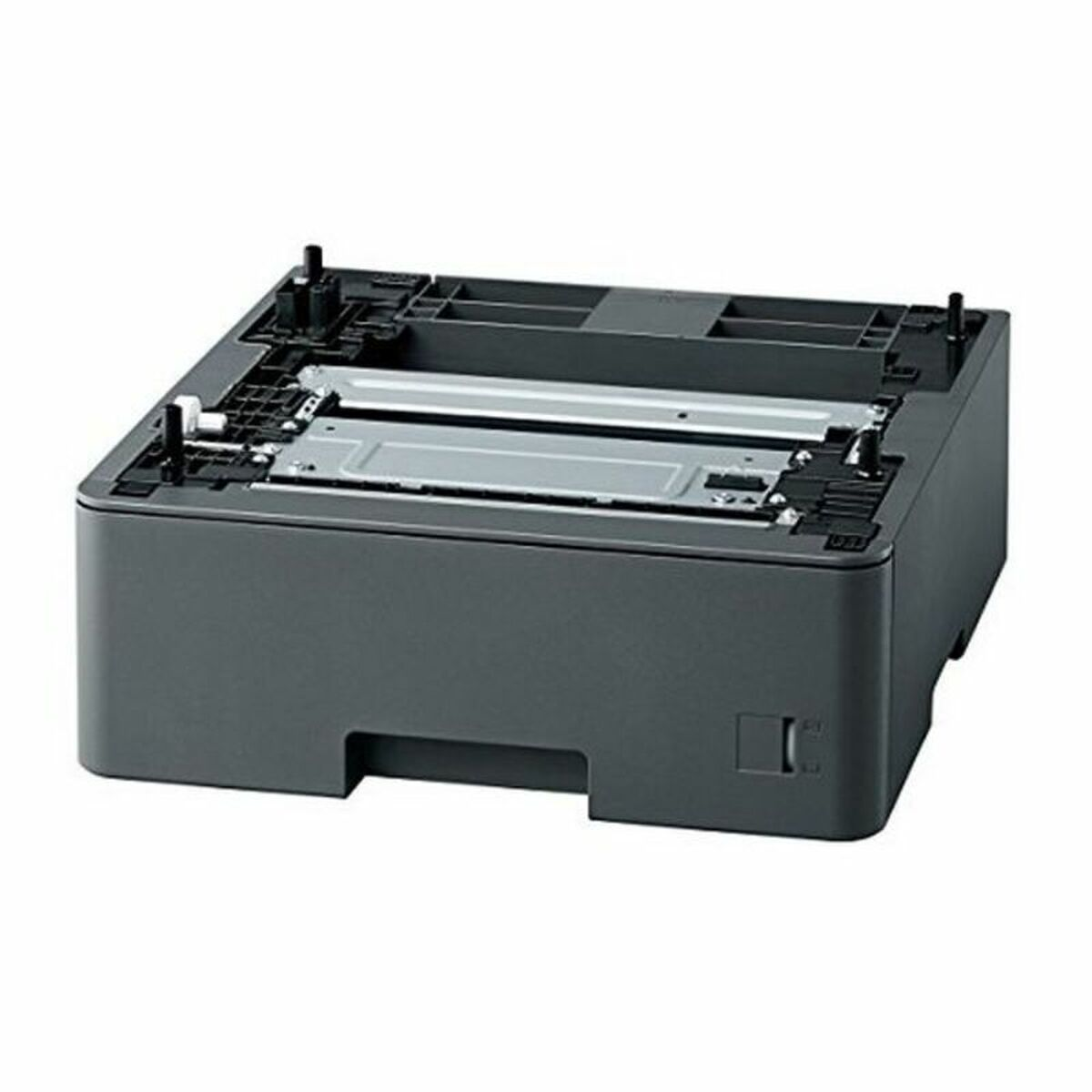 Scocca stampante grigio scuro con parti metalliche interne a vista e perni in plastica nera.