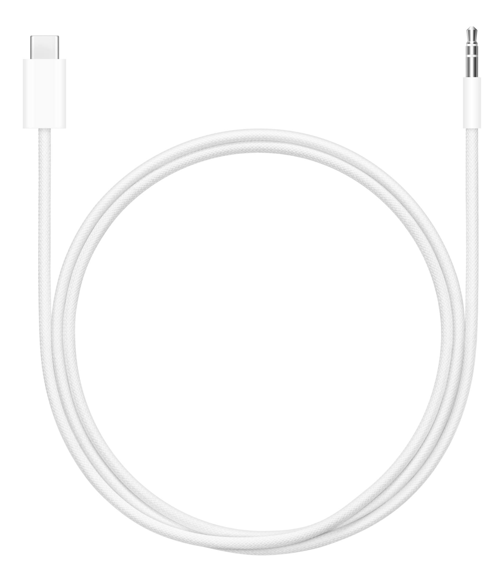 Ein weißes USB-C-auf-3,5-mm-Kabel mit beiden Enden sichtbar.