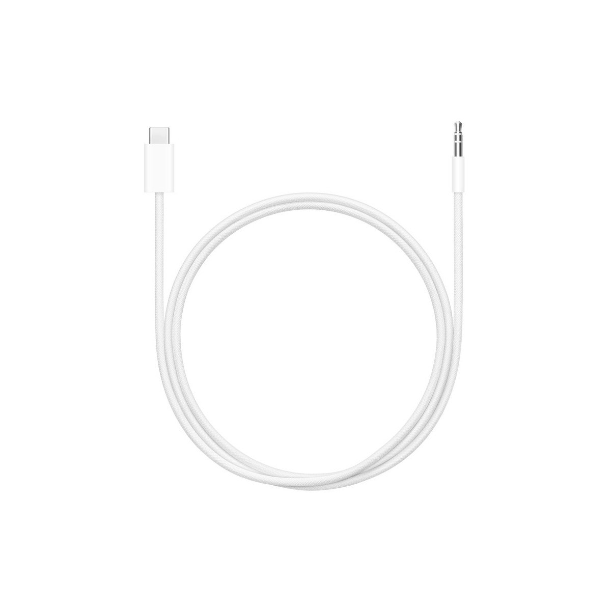 Ein weißes USB-C-zu-3,5-mm-Audiokabel ist auf weißem Hintergrund aufgerollt.