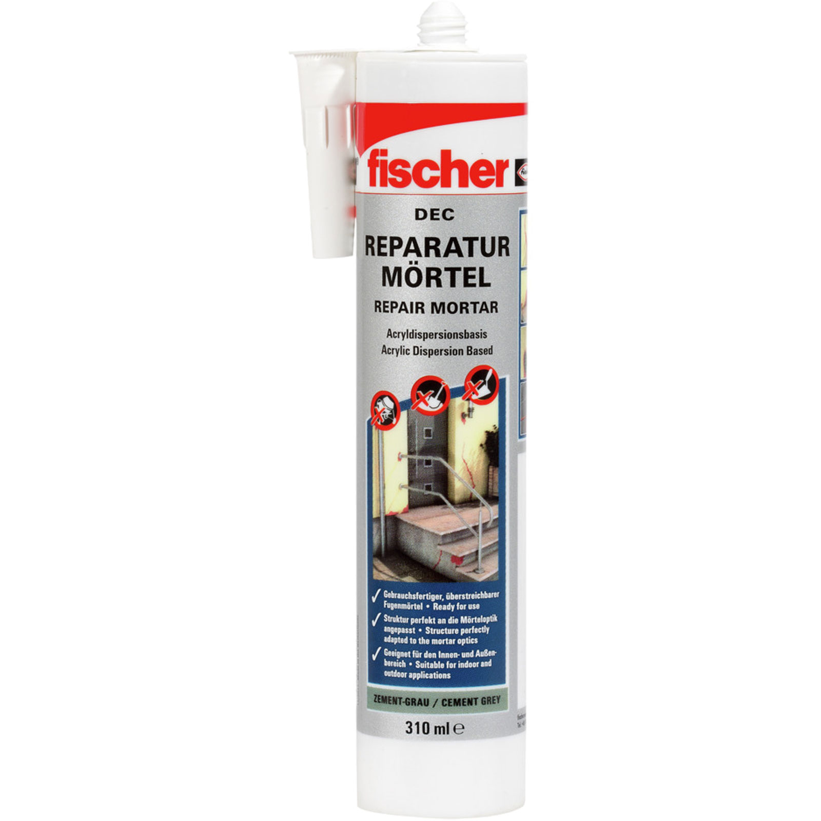 Fischer Reparaturspritzputz in Zementgrau, 310 ml, für Innen- und Außenbereich.