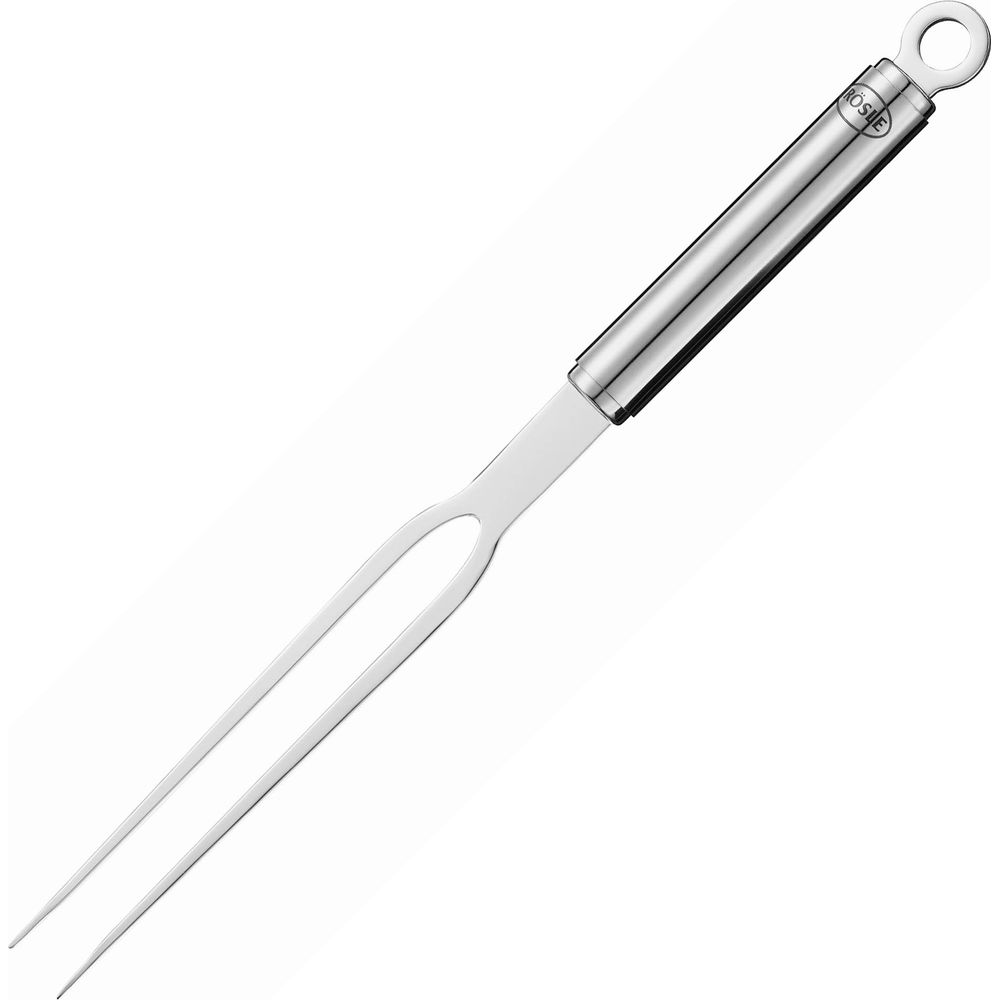 Ein silberner Fleischgabel mit zwei Zinken und einem Griff mit Ring.