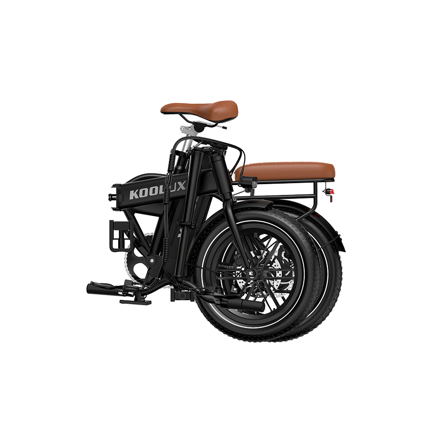 Bicicleta plegable negra con asientos de cuero marrón y neumáticos anchos.