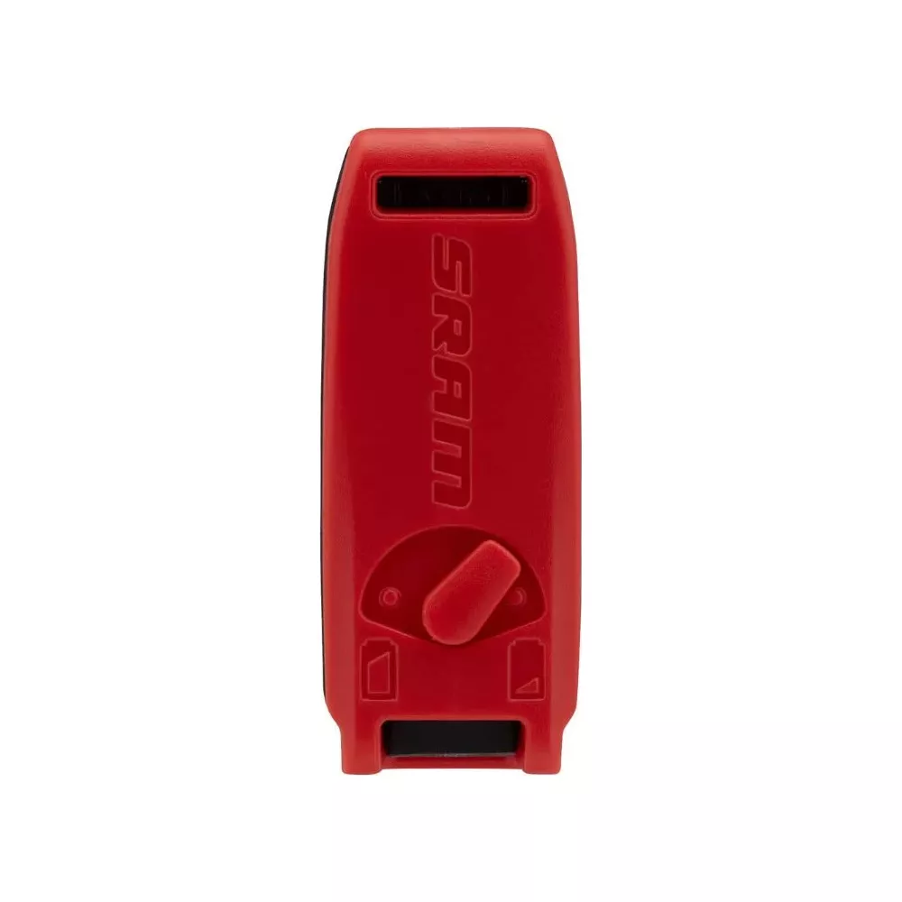 Roter SRAM Computer mit Drehknopf und Schlitzen.