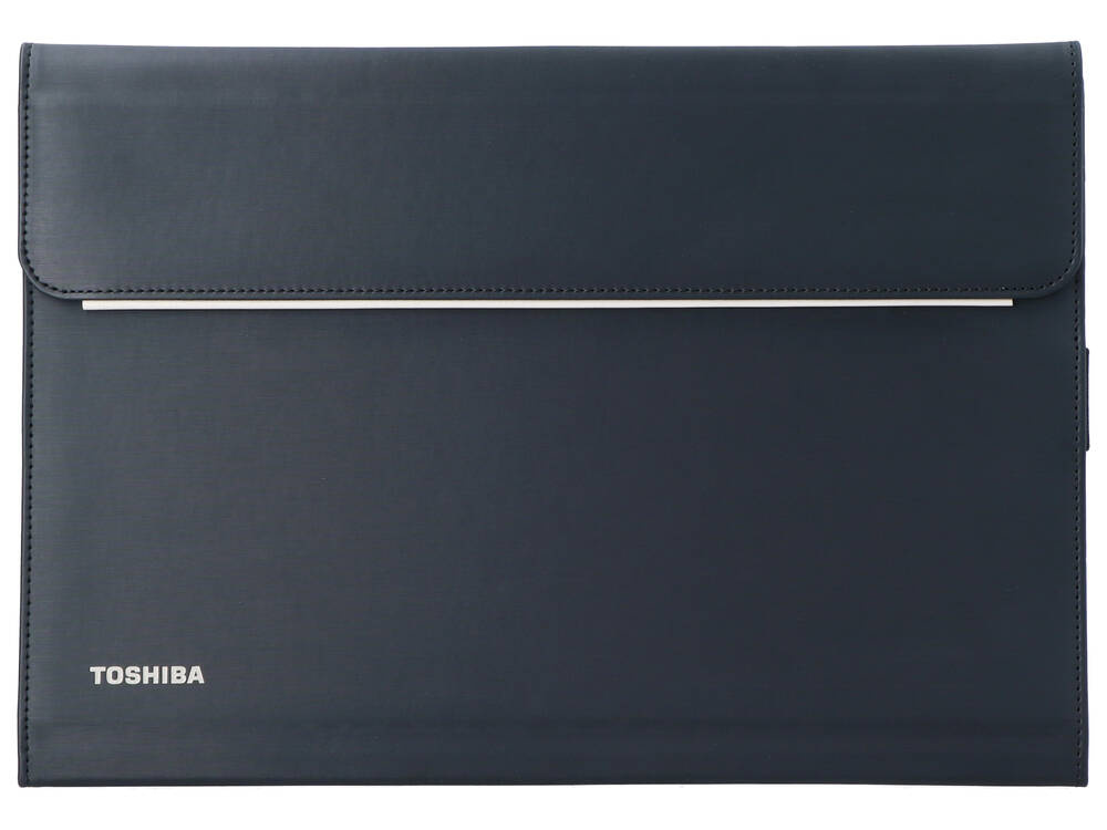 Granatowa torba na laptopa Toshiba z srebrnym paskiem.
