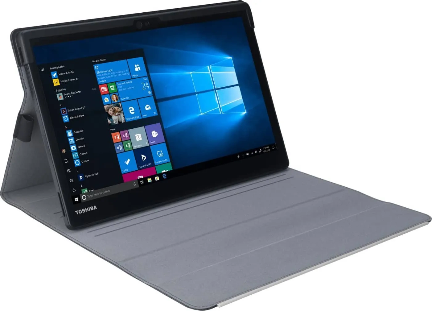 Tablet Toshiba z szarą obudową ochronną, wyeksponowany na powierzchni.