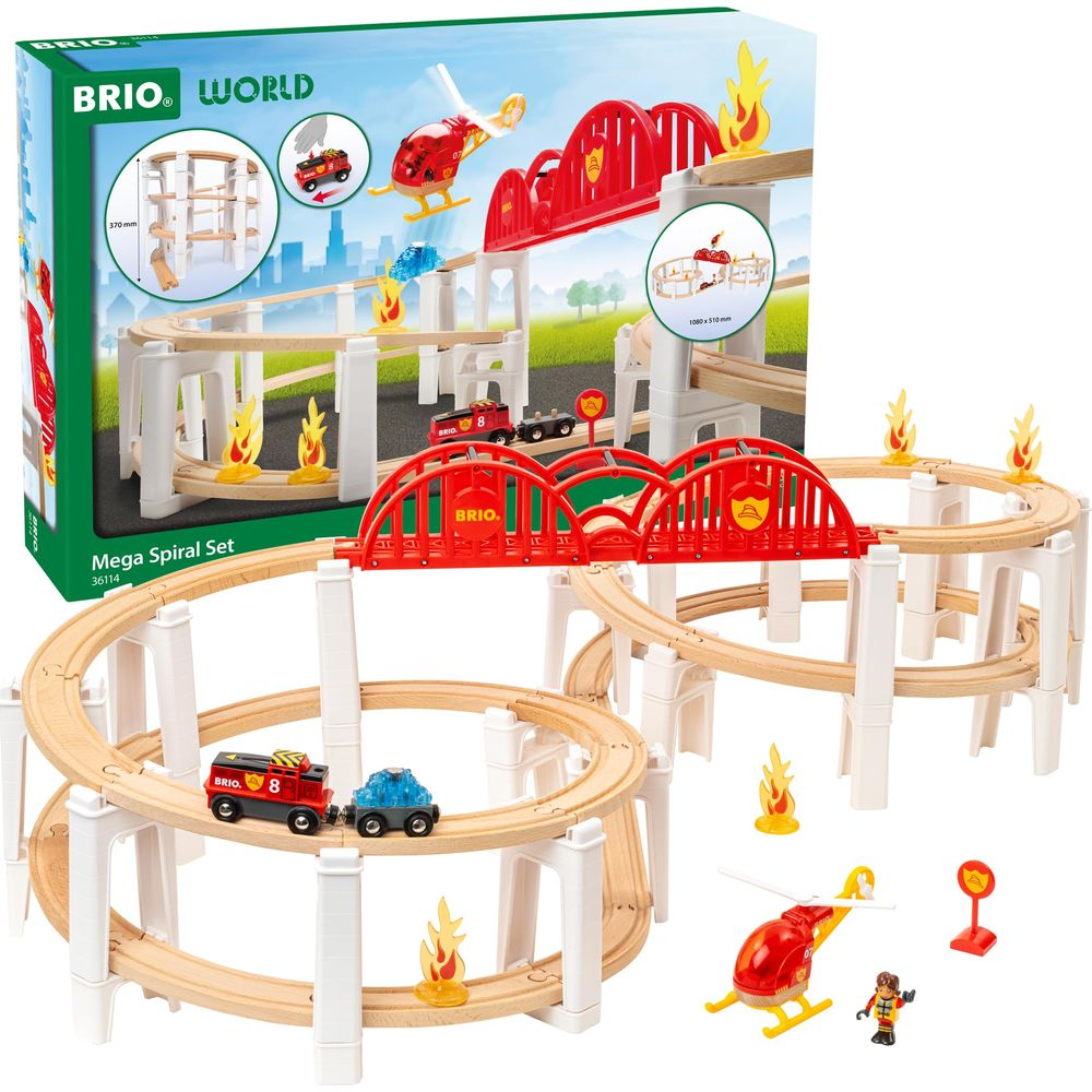 BRIO World Mega Spiral Set mit Holz-Zug, Hubschrauber und Feuerzubehör.
