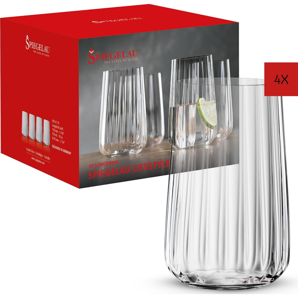 Ein Spiegelau Longdrinkglas mit Rillen auf einer Packung mit vier Gläsern.