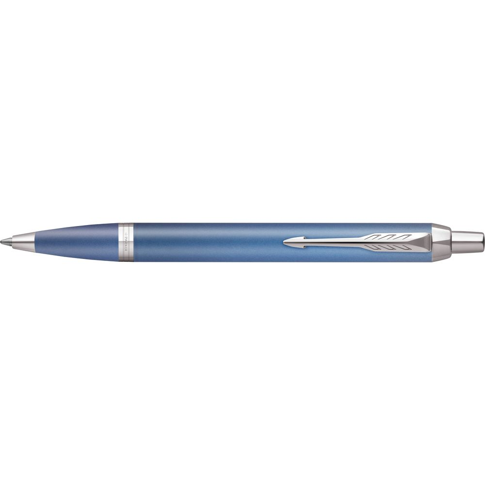 Eine blaue Parker-Kugelschreiberspitze mit silberner Spange.