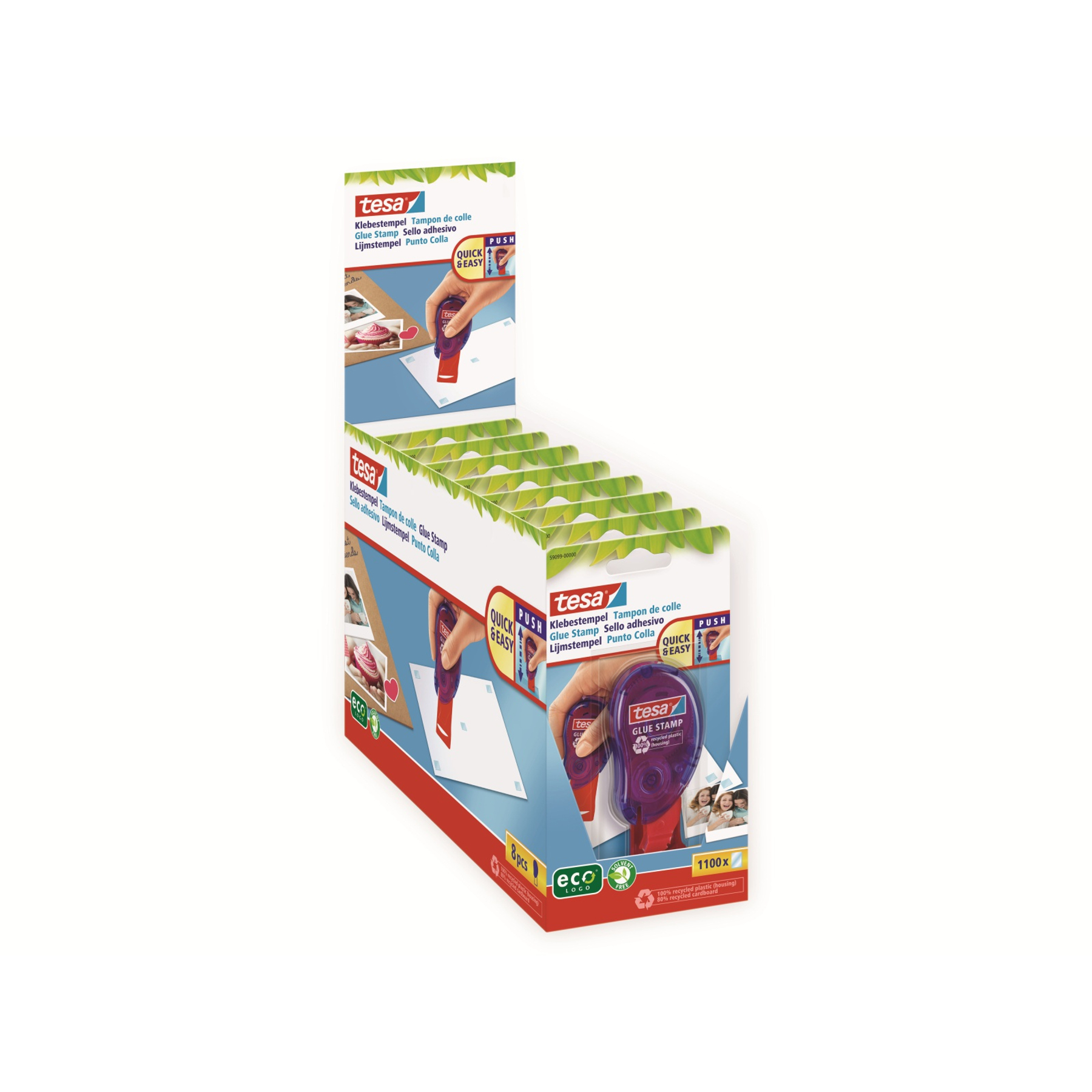 Verpackung von Tesa Klebestempeln, mit Abbildungen, 8 Stück.