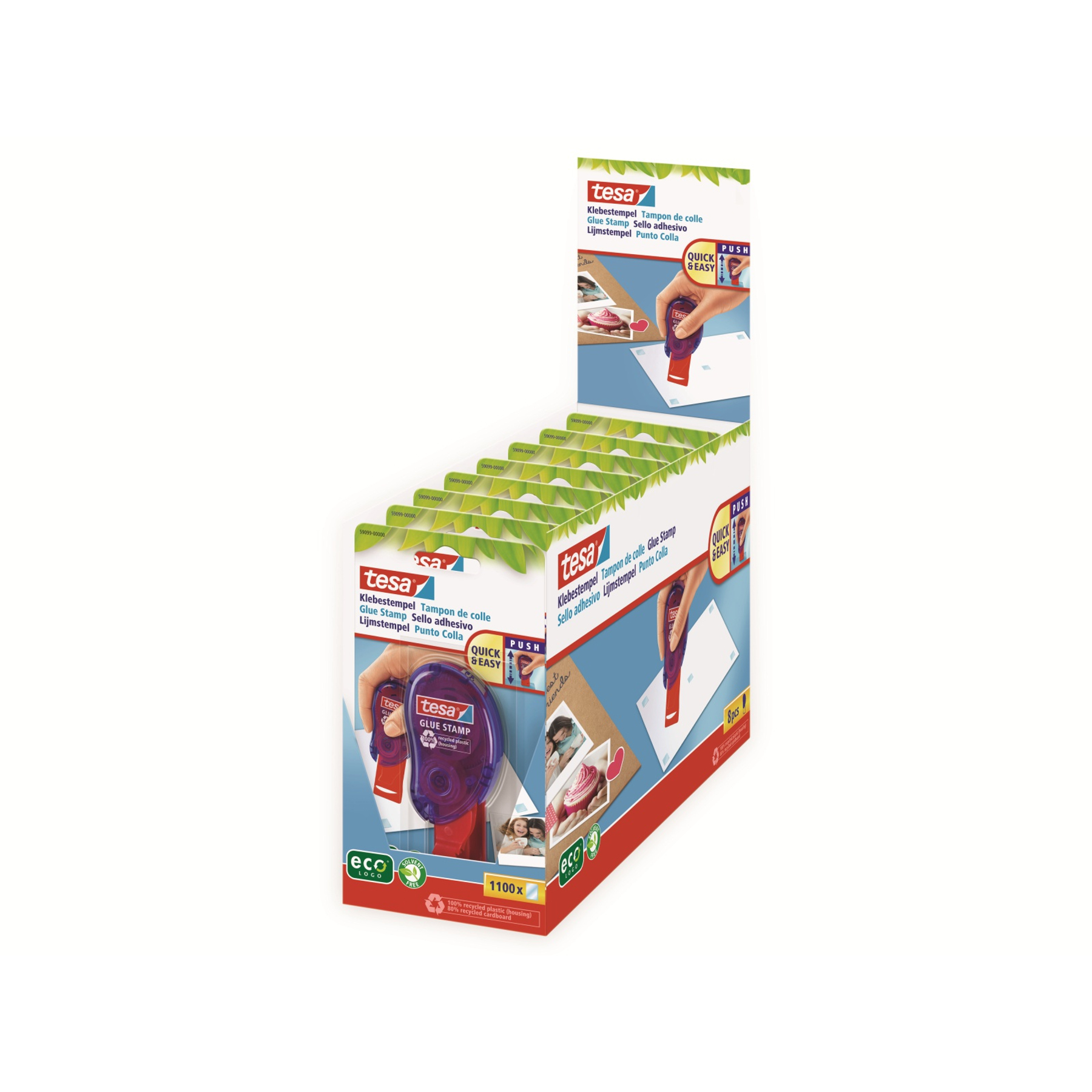 Verpackung mit Tesa Klebestempel-Dispensern, lila mit grünen Blattelementen.