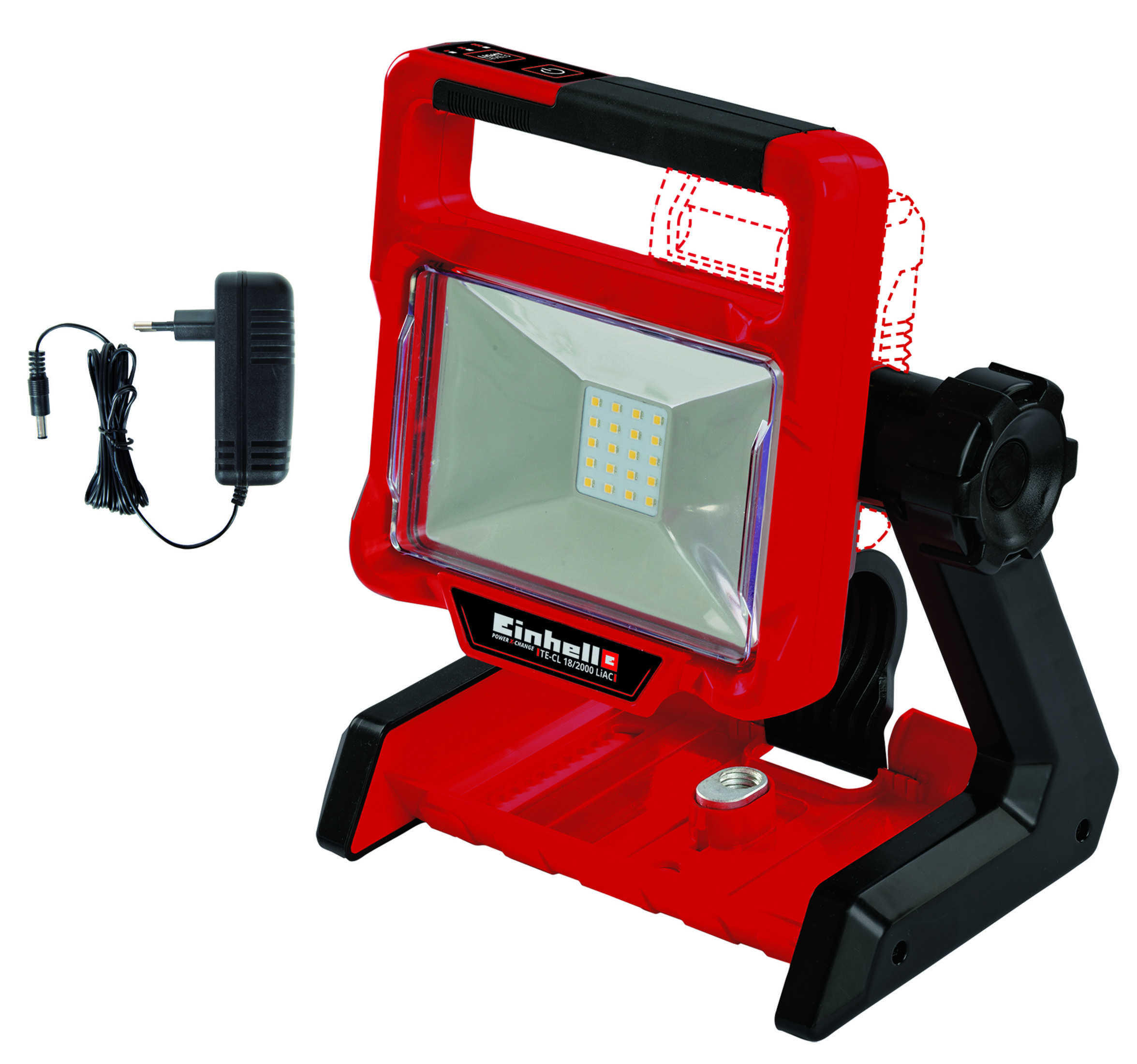 Roter LED-Strahler mit schwarzem Ständer und Netzteil.