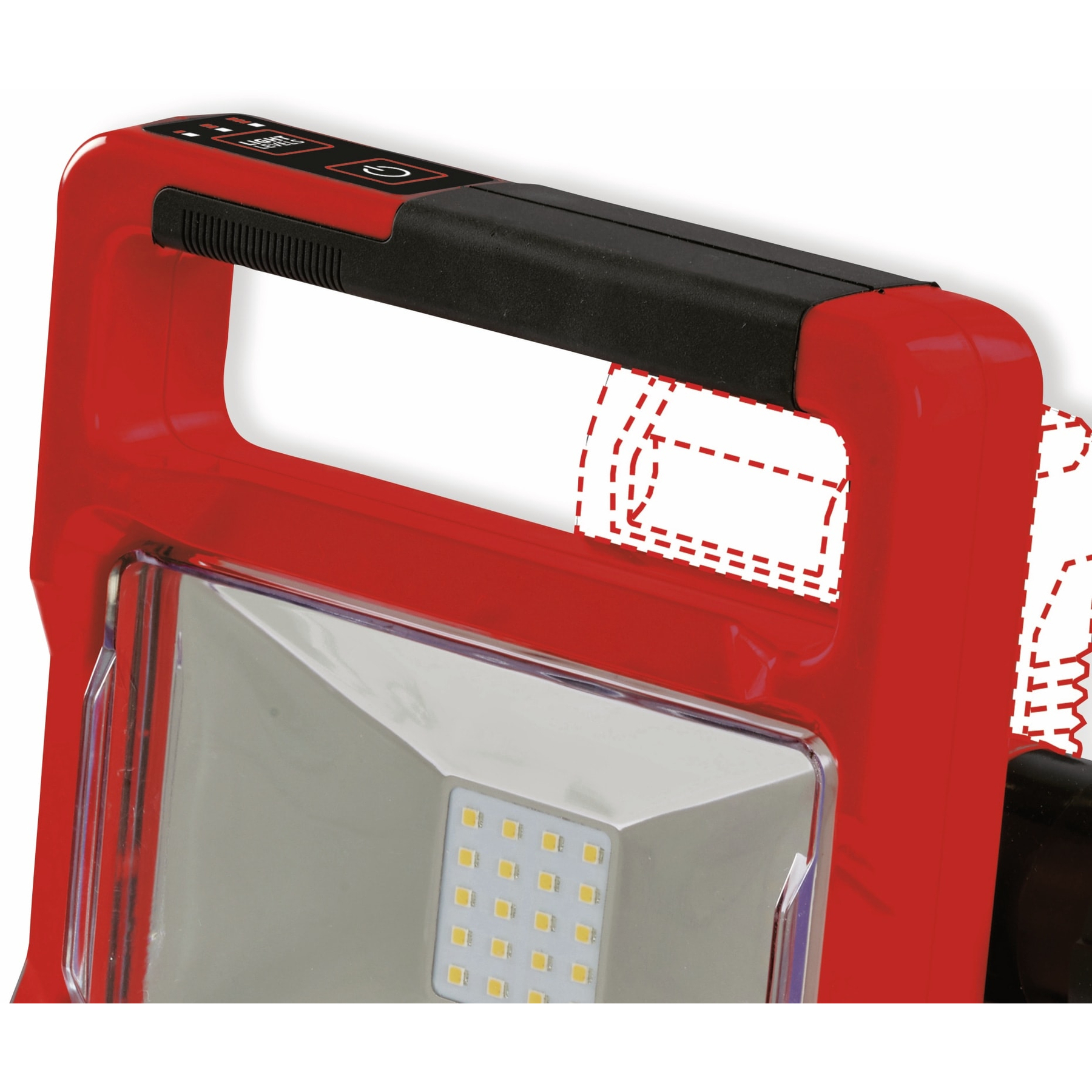 Rote Lampe mit schwarzem Griff, LED-Panel und Bedienelementen.