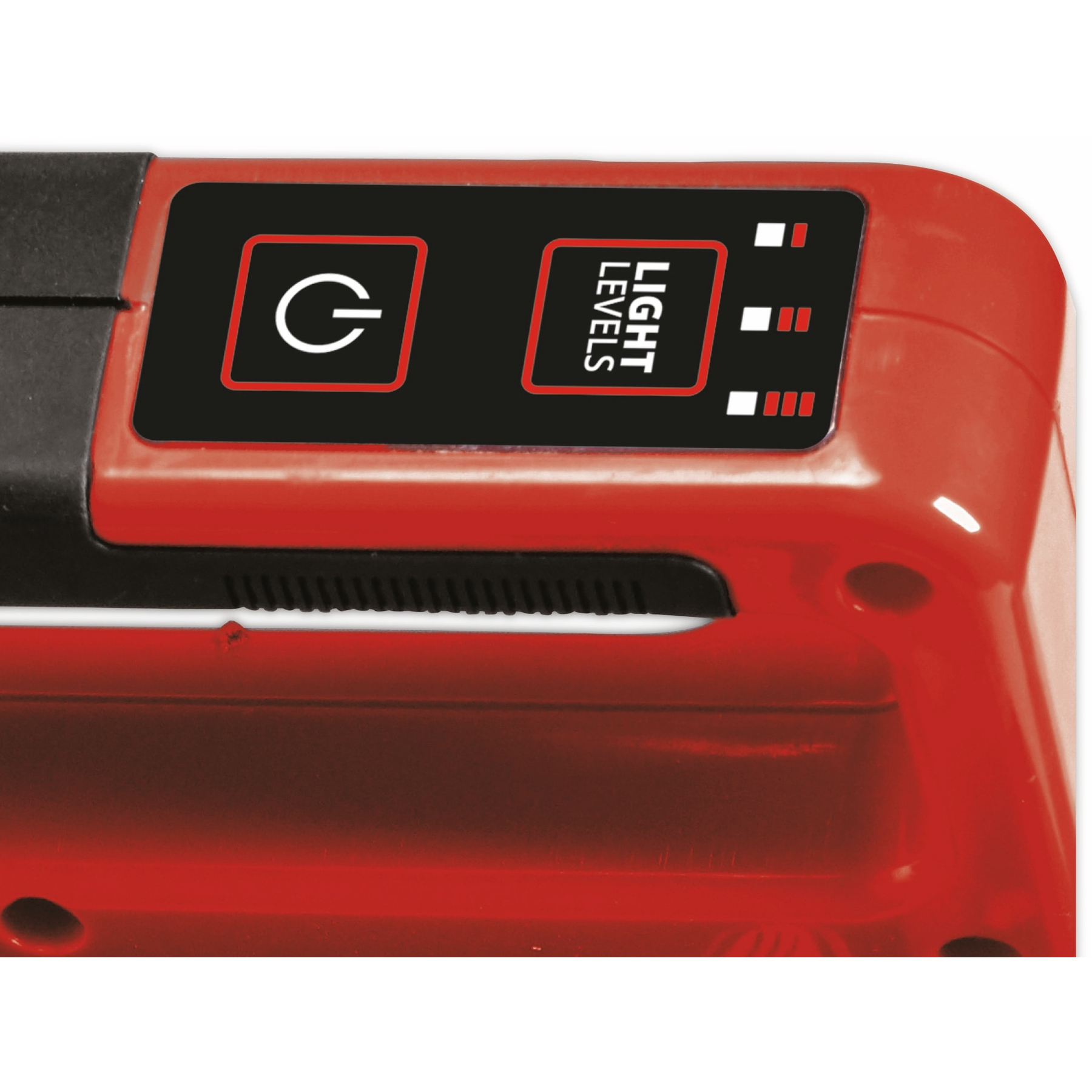 Rotes Gerät mit Ein-/Aus-Symbol und Lichtstärkenanzeige.