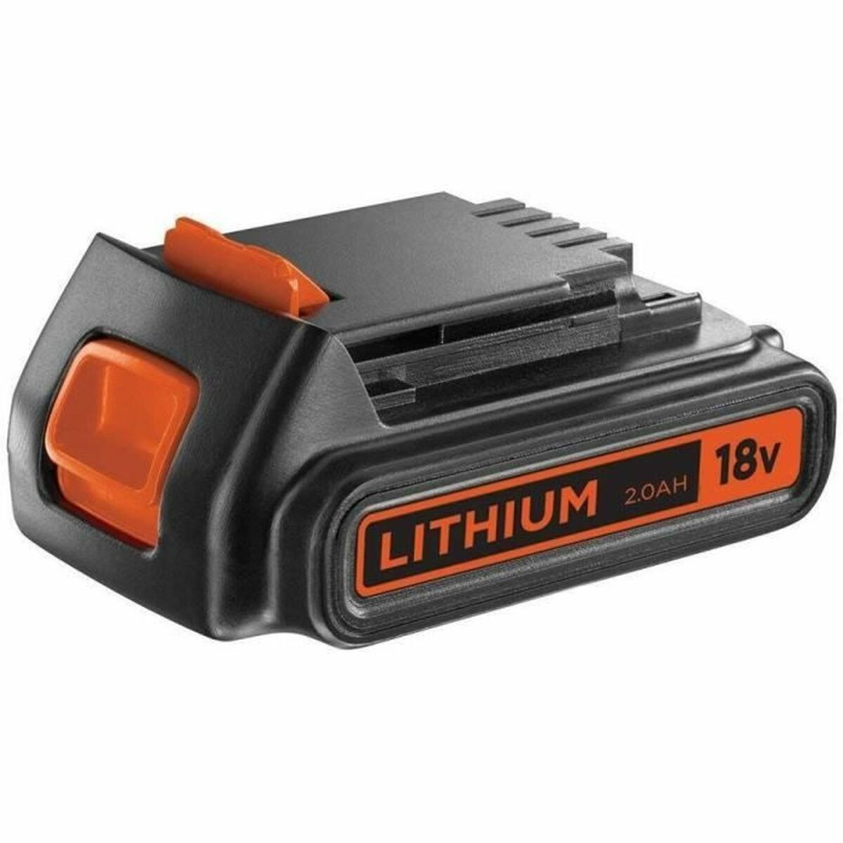 Schwarzer Lithium-Ionen-Akku mit orangen Akzenten, 18V, 2.0AH.