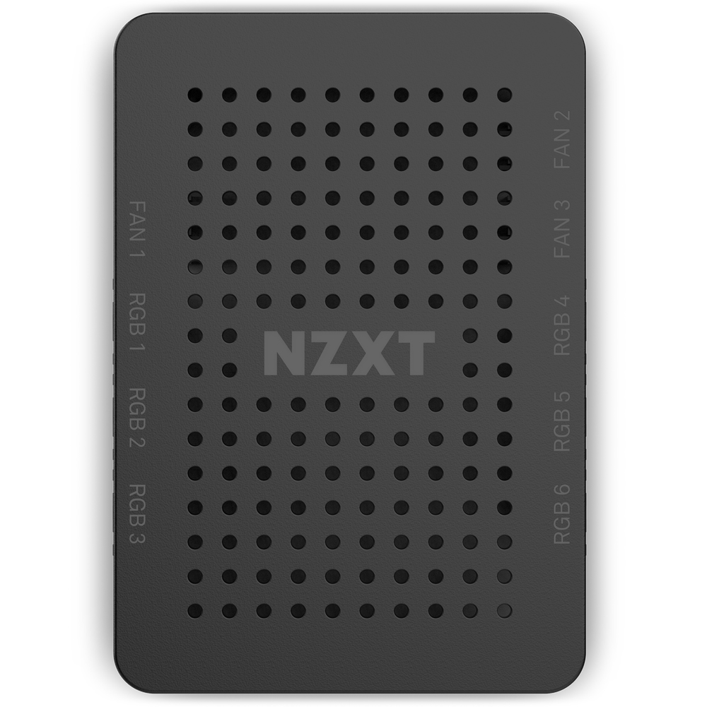 Dispositivo NZXT nero con molte porte ventola e RGB.
