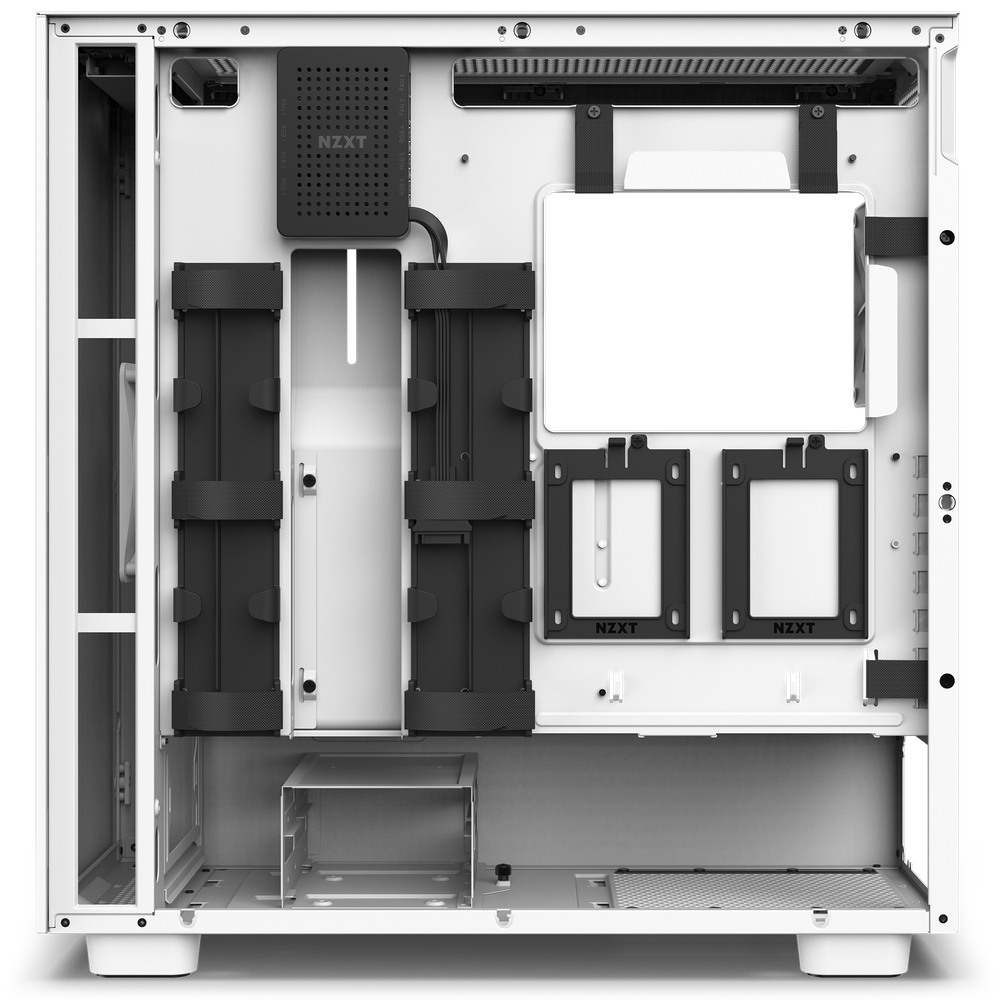Interno case PC bianco con hub NZXT nero, cinghie e supporti.