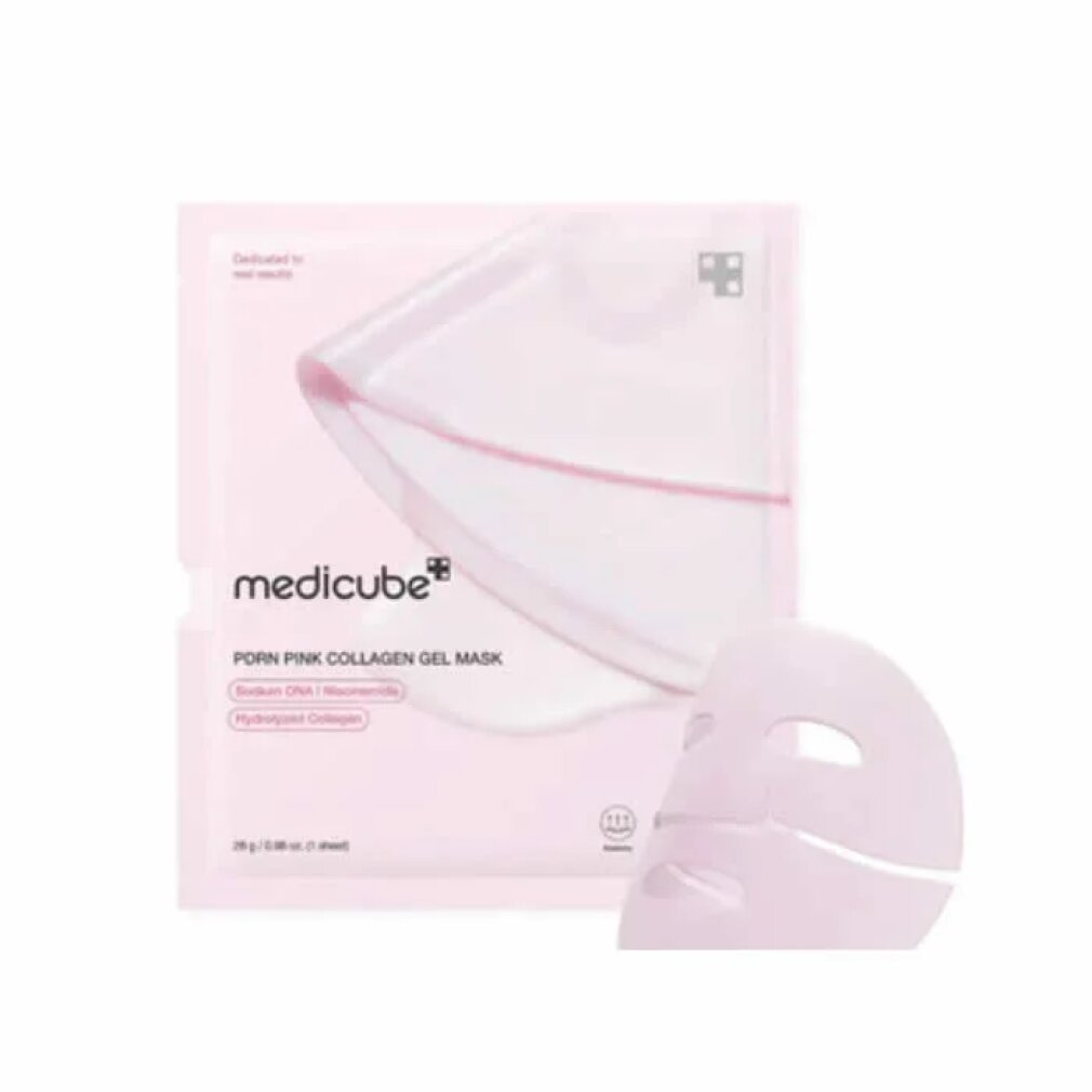Eine rosa Packung mit einer Gesichtsmaske. Medicube PORN PINK COLLAGEN GEL MASK.