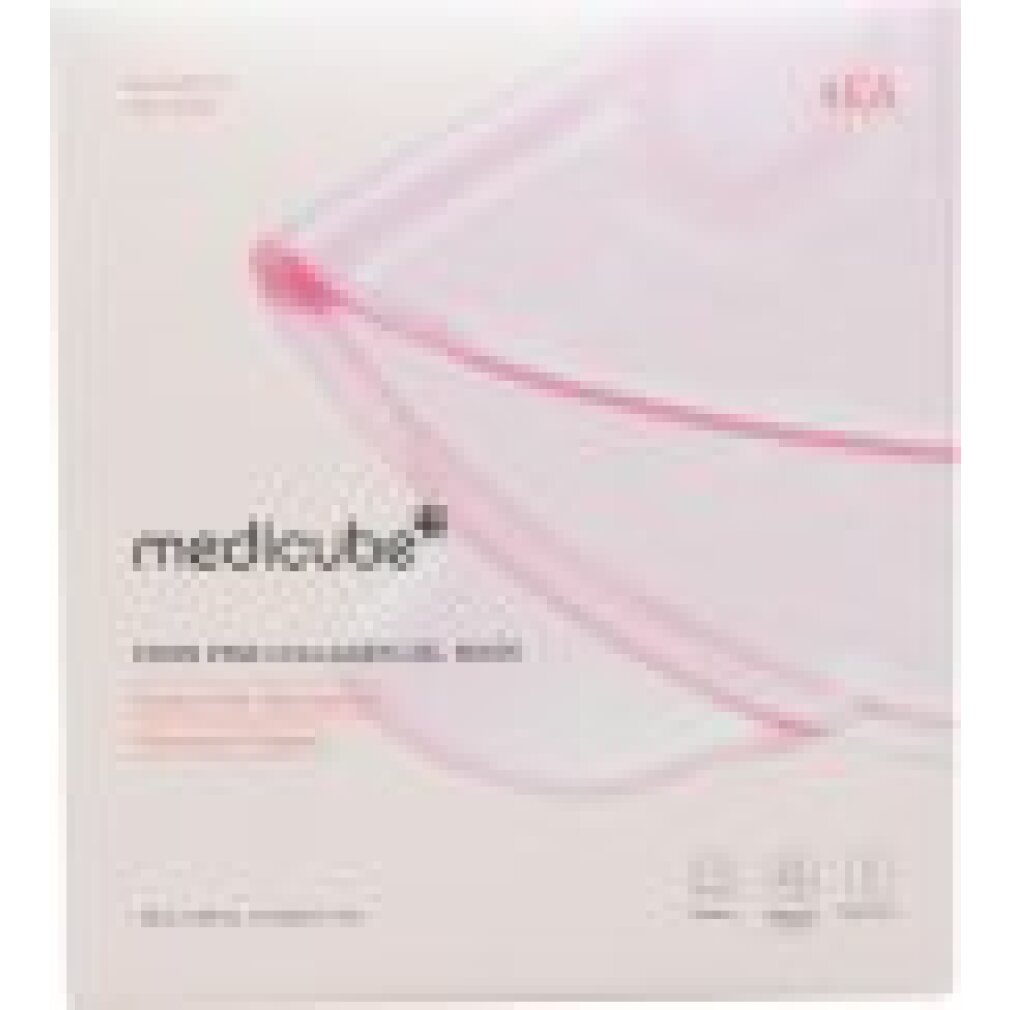 Packung mit Medi-Cube-Gesichtsmasken, pink und weiß, mit Text.