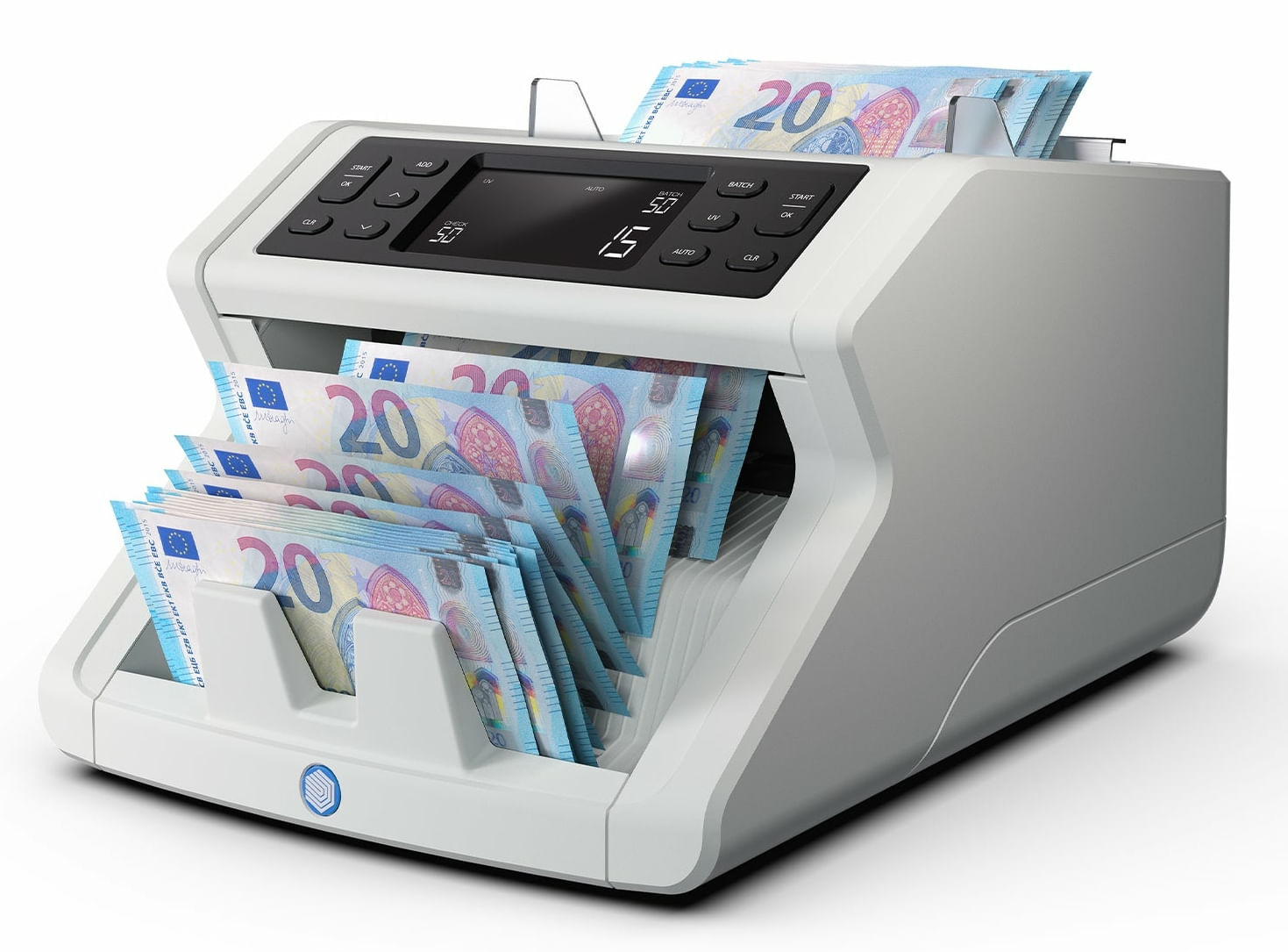 Ein heller, moderner Geldscheinzähler zählt Euro-Banknoten mit 20-Euro-Aufdruck.