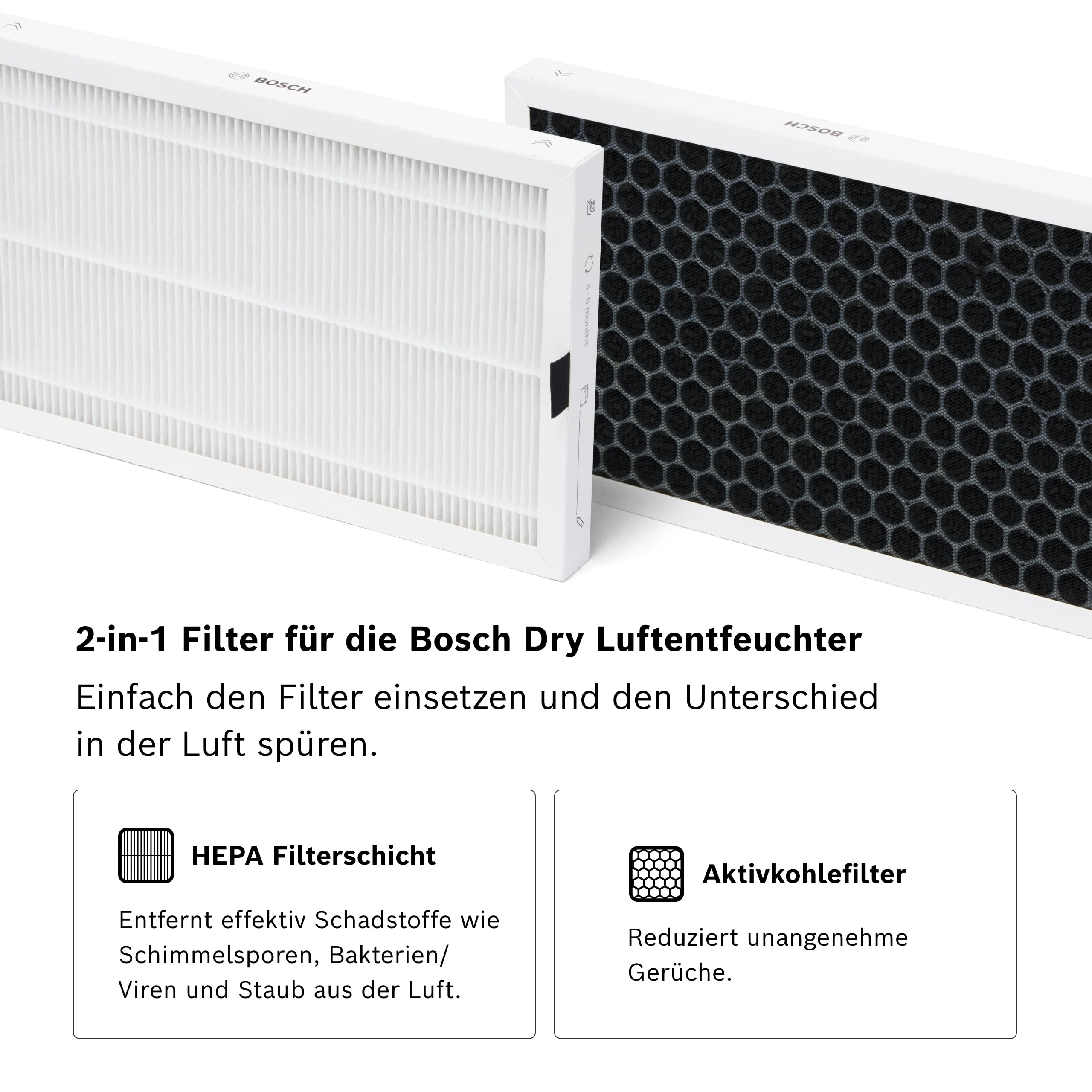 Zwei Bosch Luftfilter: ein weißer HEPA-Filter und ein schwarzer Aktivkohlefilter.