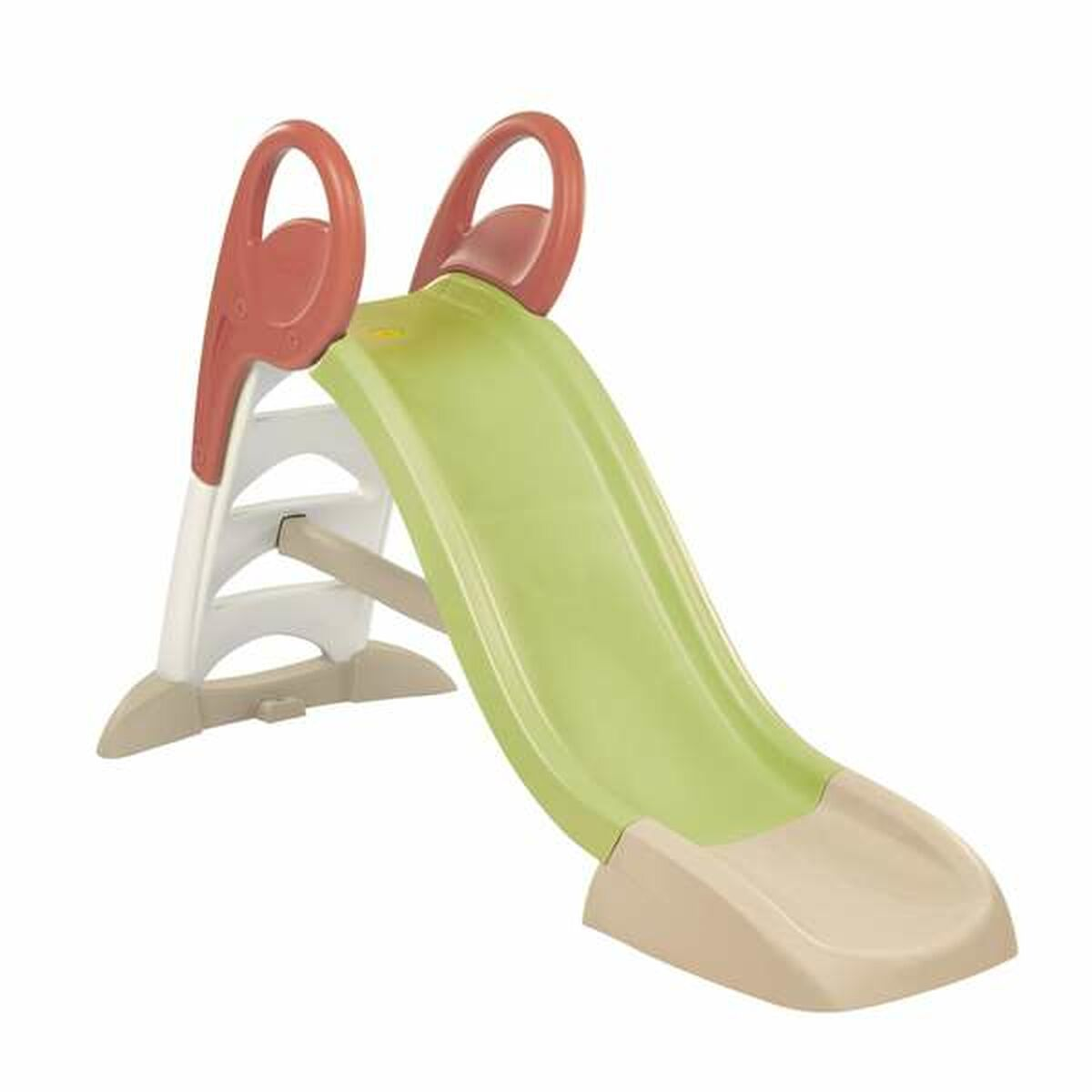 Un scivolo verde con manici rossi e base beige su sfondo bianco.