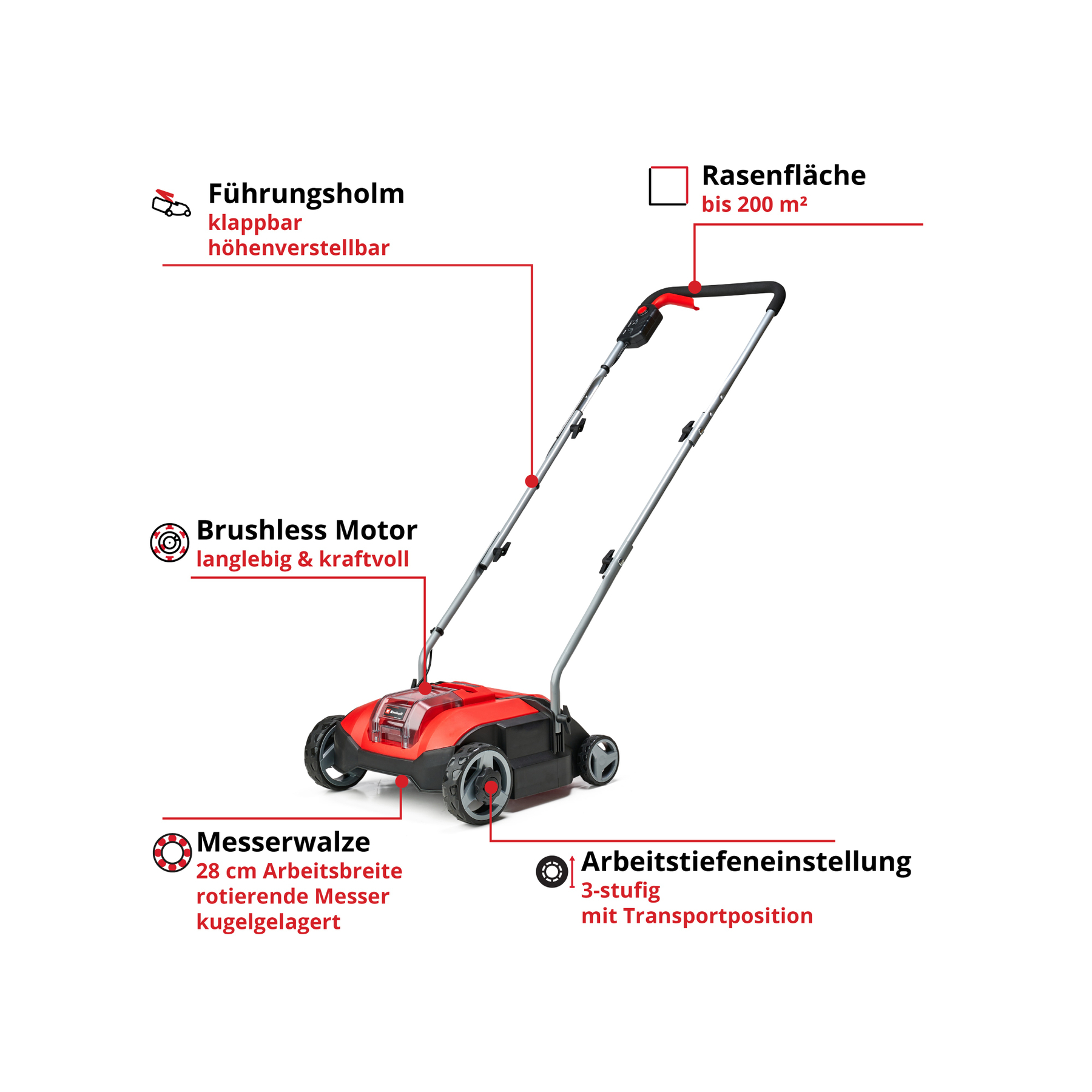 Rasenmäher mit klappbarem, höhenverstellbarem Holm, Bürstenloser Motor, 28 cm Messerwalze.
