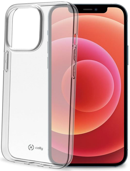 Przezroczyste etui częściowo zakrywa smartfon z czerwono-pomarańczową tapetą.