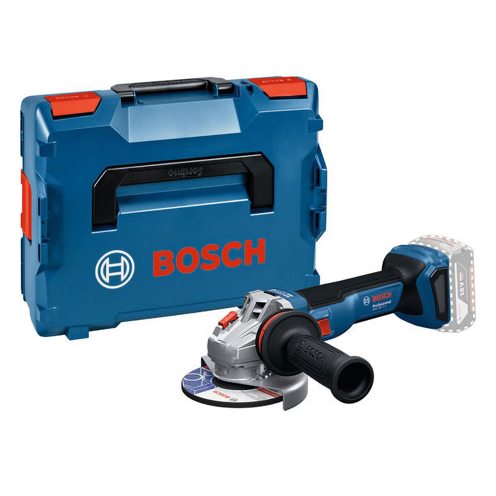 Ein blauer Bosch Werkzeugkoffer mit Winkelschleifer und Akku.