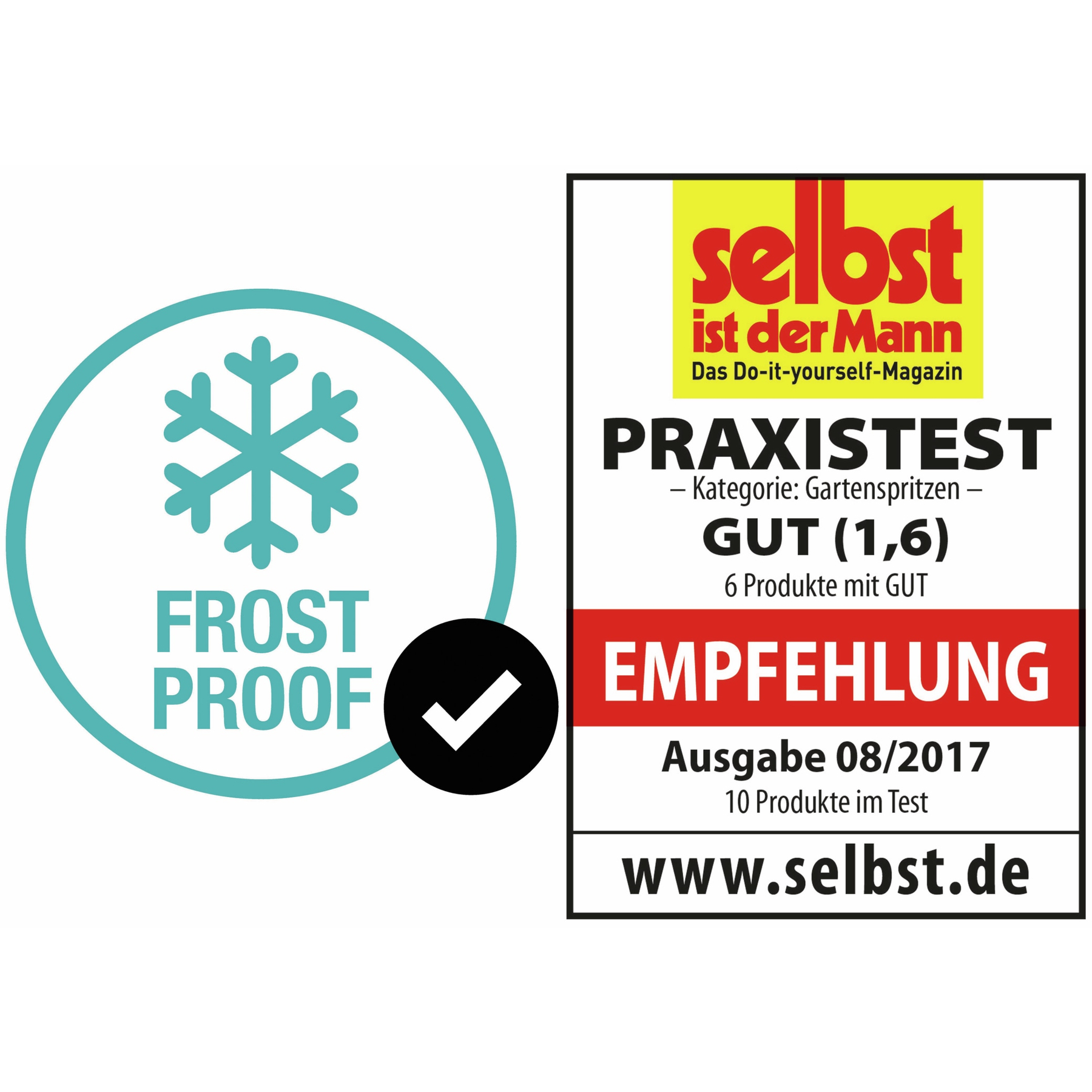 Frostsicheres Siegel mit einem Schneeflocken-Symbol und einem Hakensymbol.