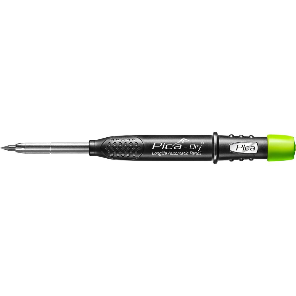 Ein schwarzer Pica-Dry Longlife Automatikstift mit silberner Spitze und grünem Kappe.
