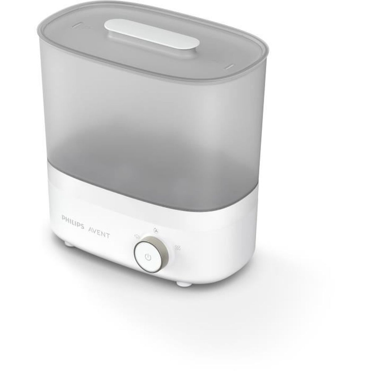 Ein weißer Philips Avent Sterilisator mit grauem, durchscheinendem Deckel und Bedienelement.