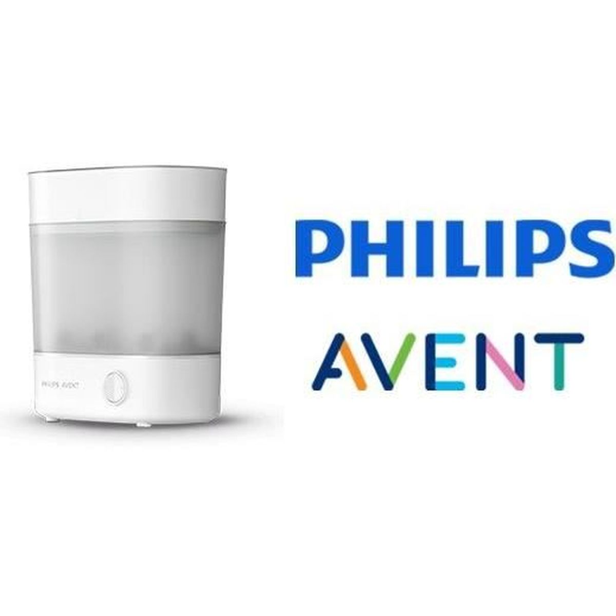 Ein weißer Philips Avent Vaporisator steht links, rechts daneben das Logo.
