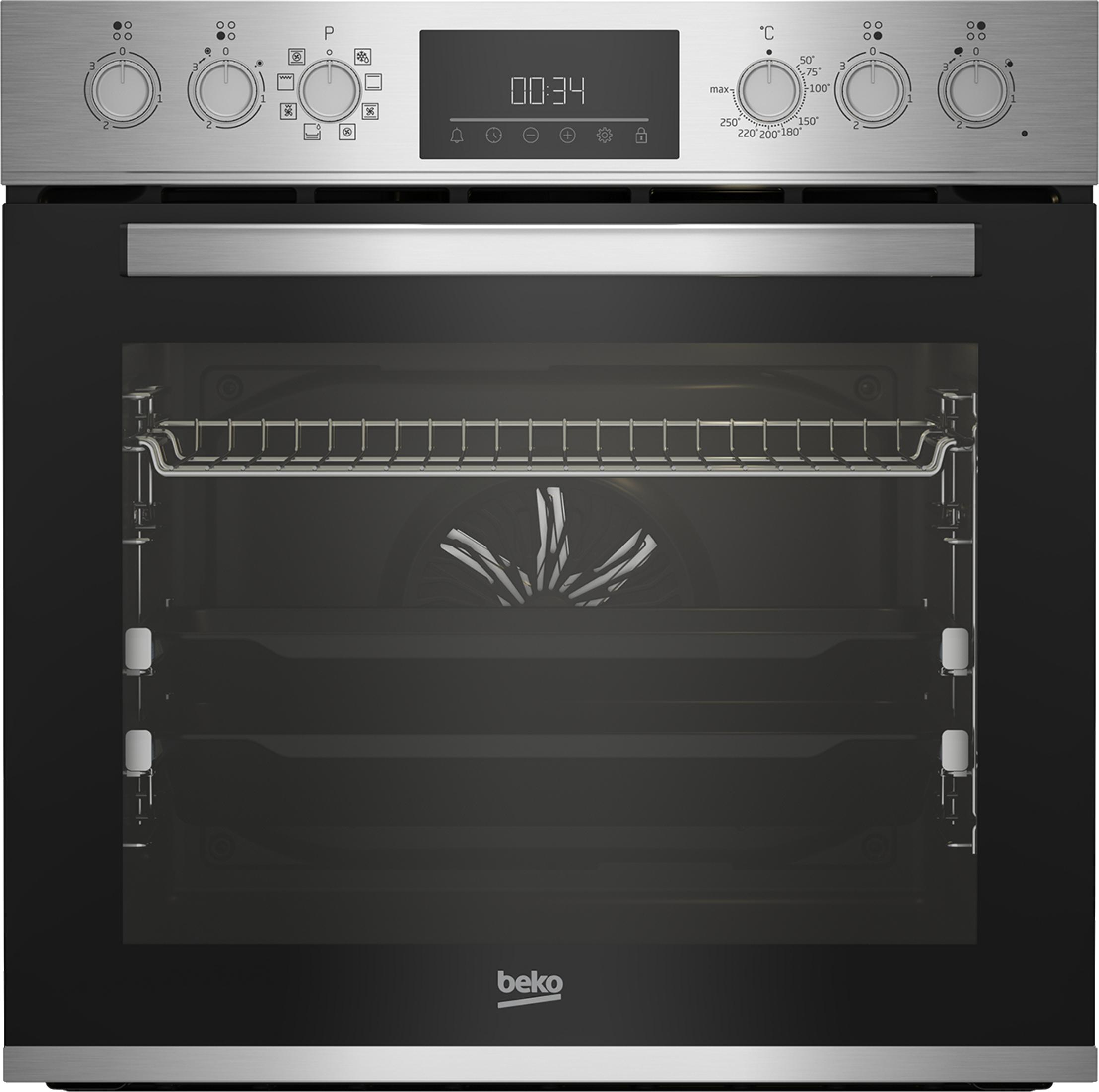 Ein moderner Einbauofen mit digitaler Anzeige, Drehknöpfen und einem Beko-Logo.
