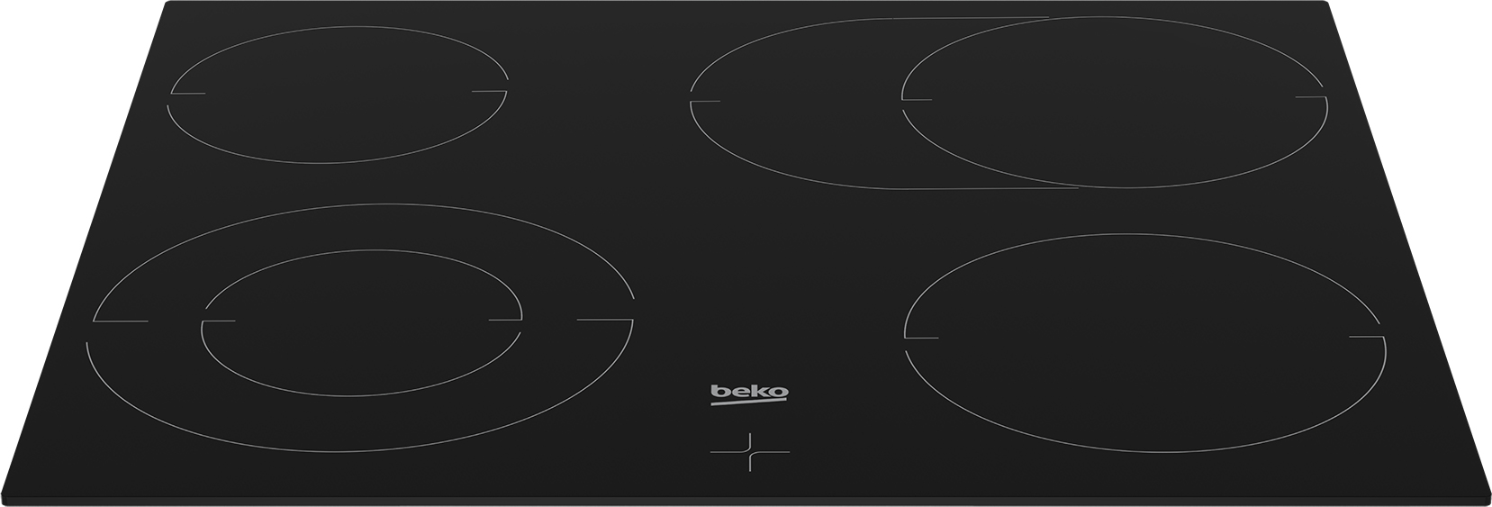 Schwarzes Cerankochfeld mit vier Kochzonen und Beko-Logo.