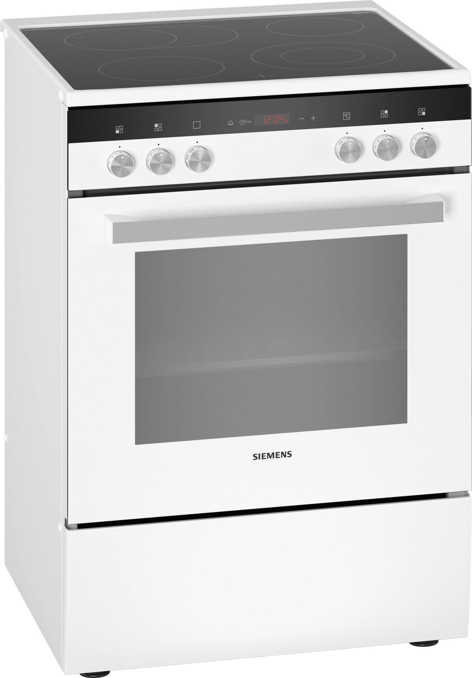 Weißer Siemens Standherd mit Glaskeramikkochfeld und Backofen.