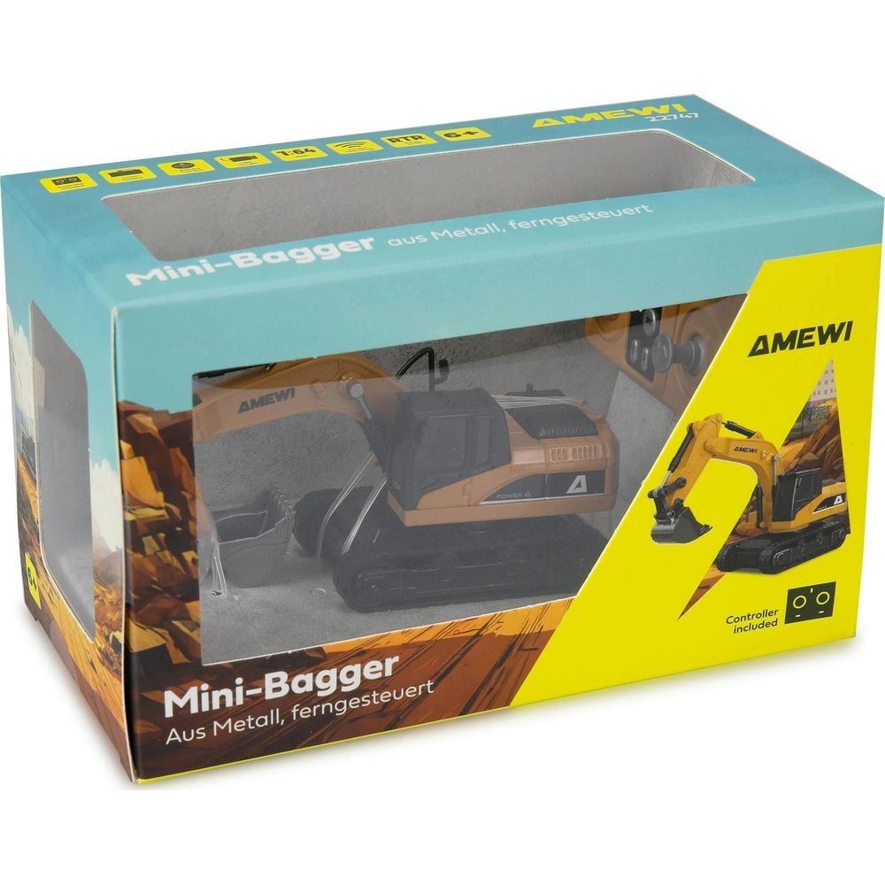 Verpackung mit gelb-blauem Design zeigt einen ferngesteuerten Mini-Bagger.