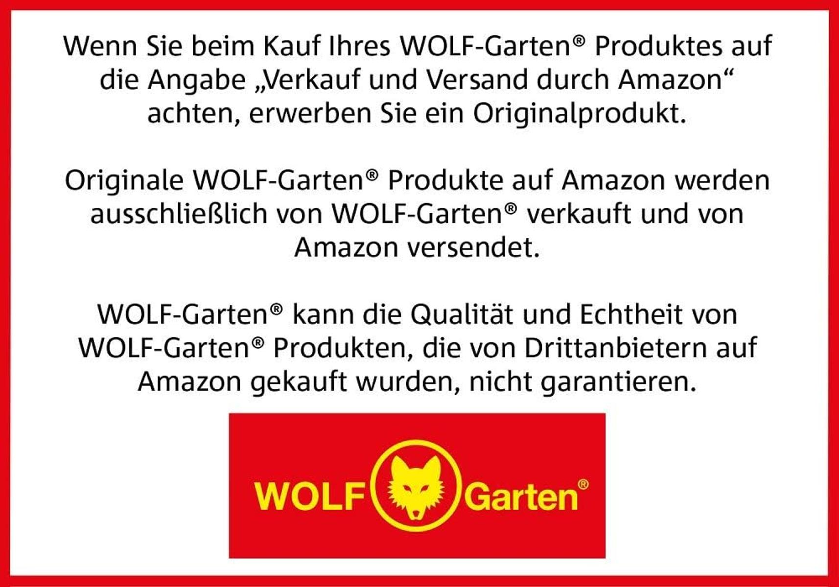 Text über WOLF-Garten Produkte auf Amazon, mit Logo.