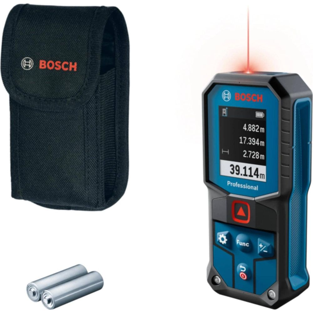 Bosch Laser-Entfernungsmesser, schwarze Tasche und zwei Batterien auf Weißem.
