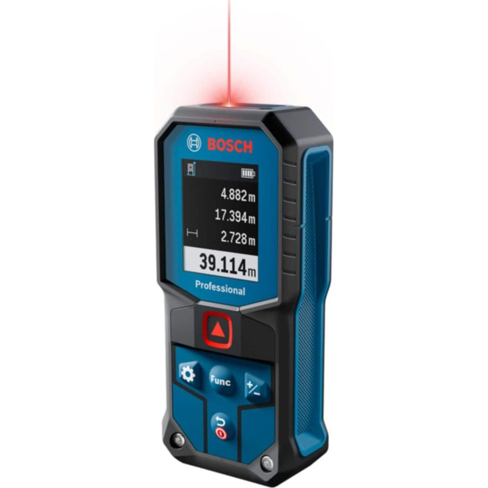 Ein blauer Bosch Laser-Entfernungsmesser mit rotem Laserstrahl und digitalem Display.