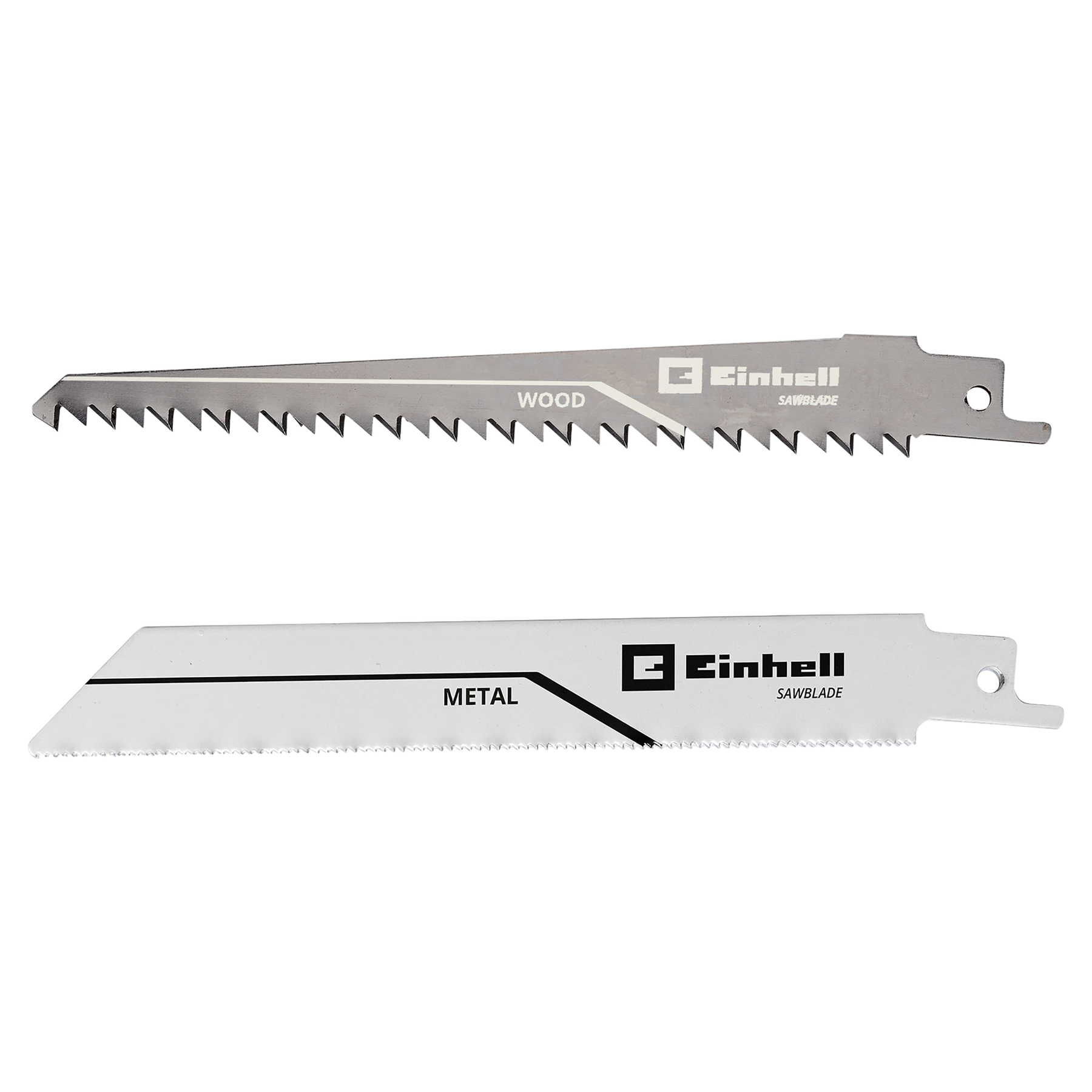 Zwei Sägeblätter, eines für Holz, eines für Metall, mit Einhell-Logo.