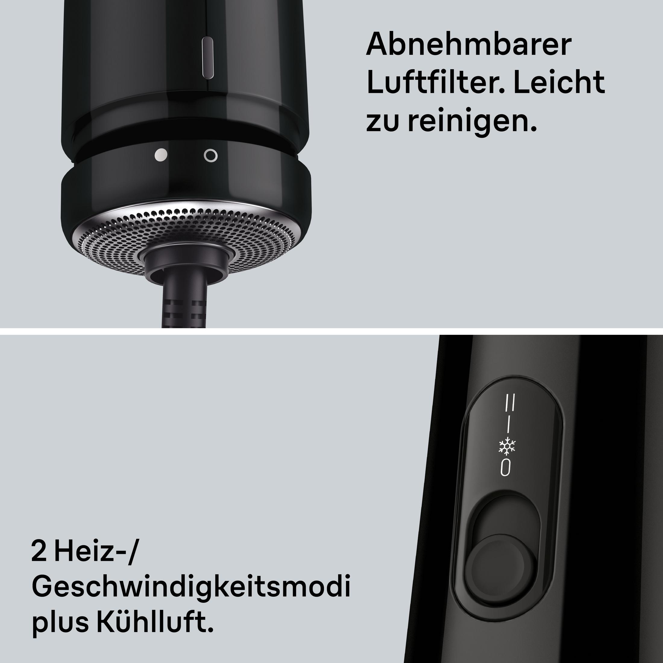 Schwarzer Föhn mit abnehmbarem Luftfilter und 2 Heiz-/Geschwindigkeitsmodi.