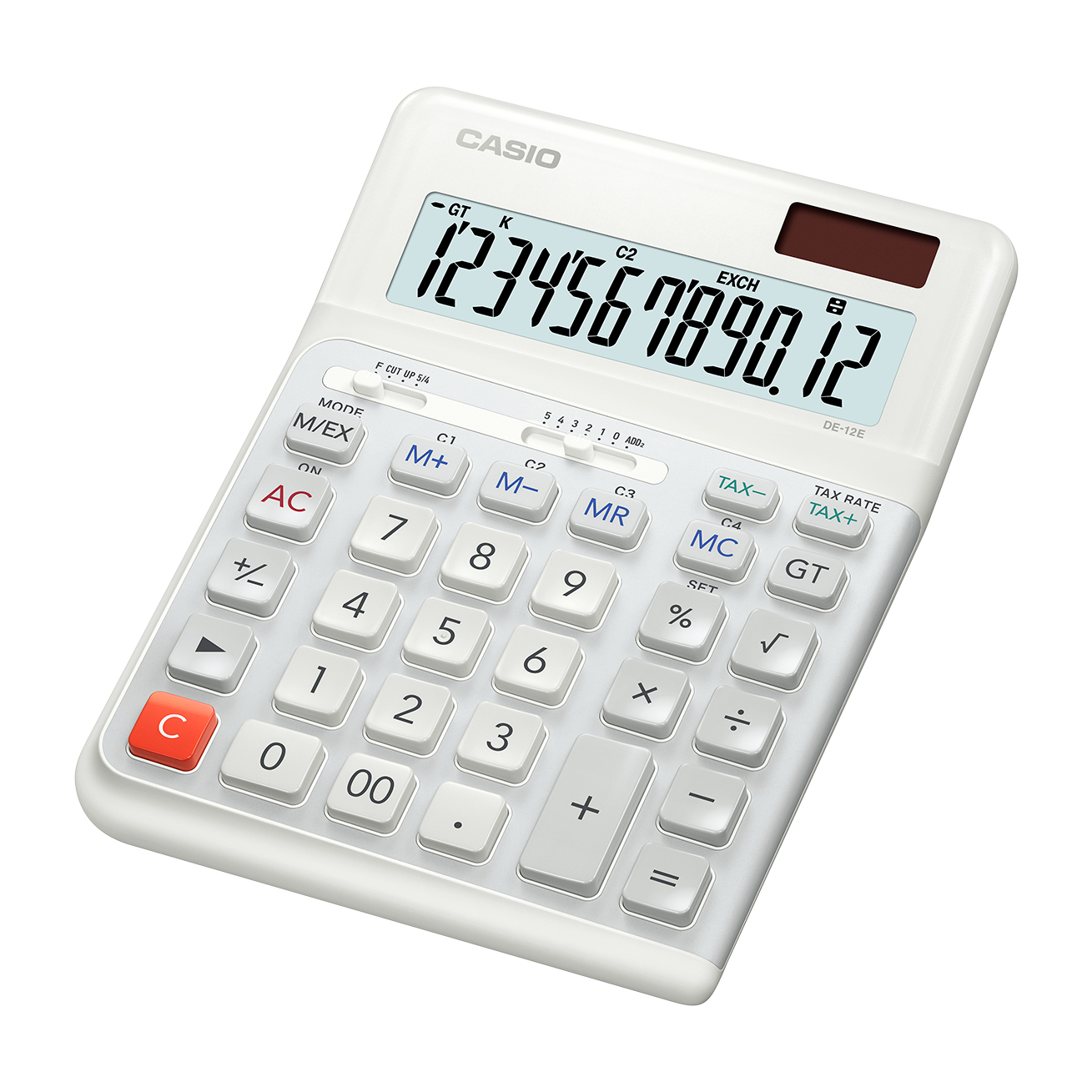Ein weißer Casio Tischrechner mit Display und Tasten.