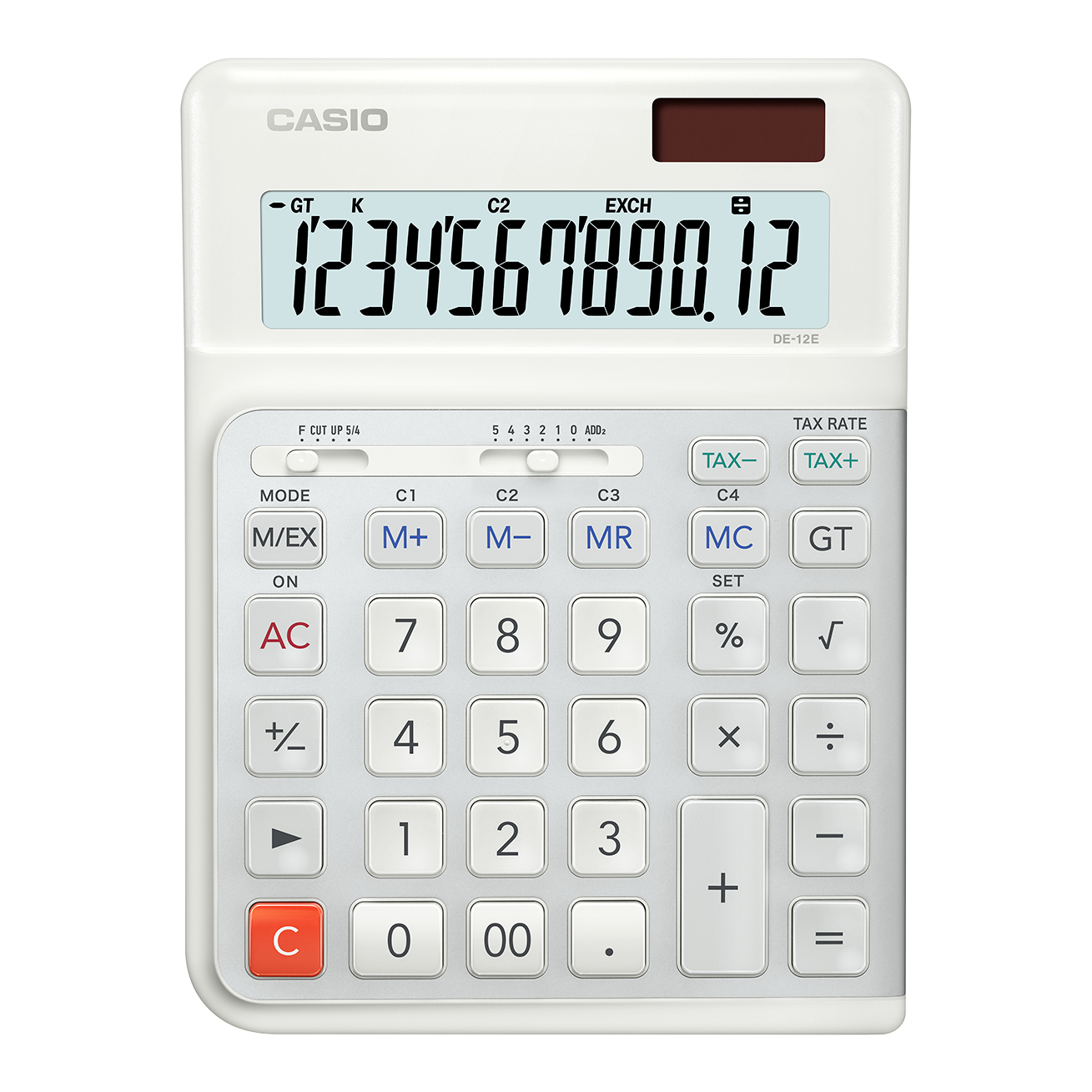 Ein weißer Casio-Taschenrechner mit einem großen LCD-Display, das 1234567890.12 anzeigt.